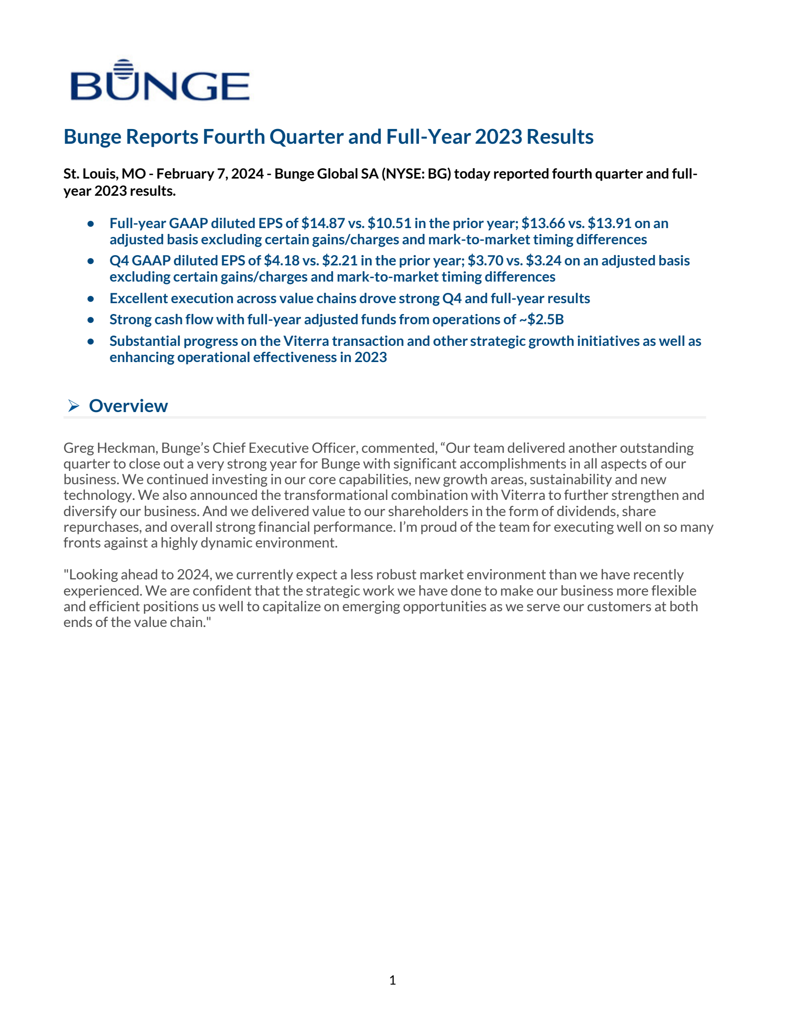 Bunge Global's Q4 2023 Press Release