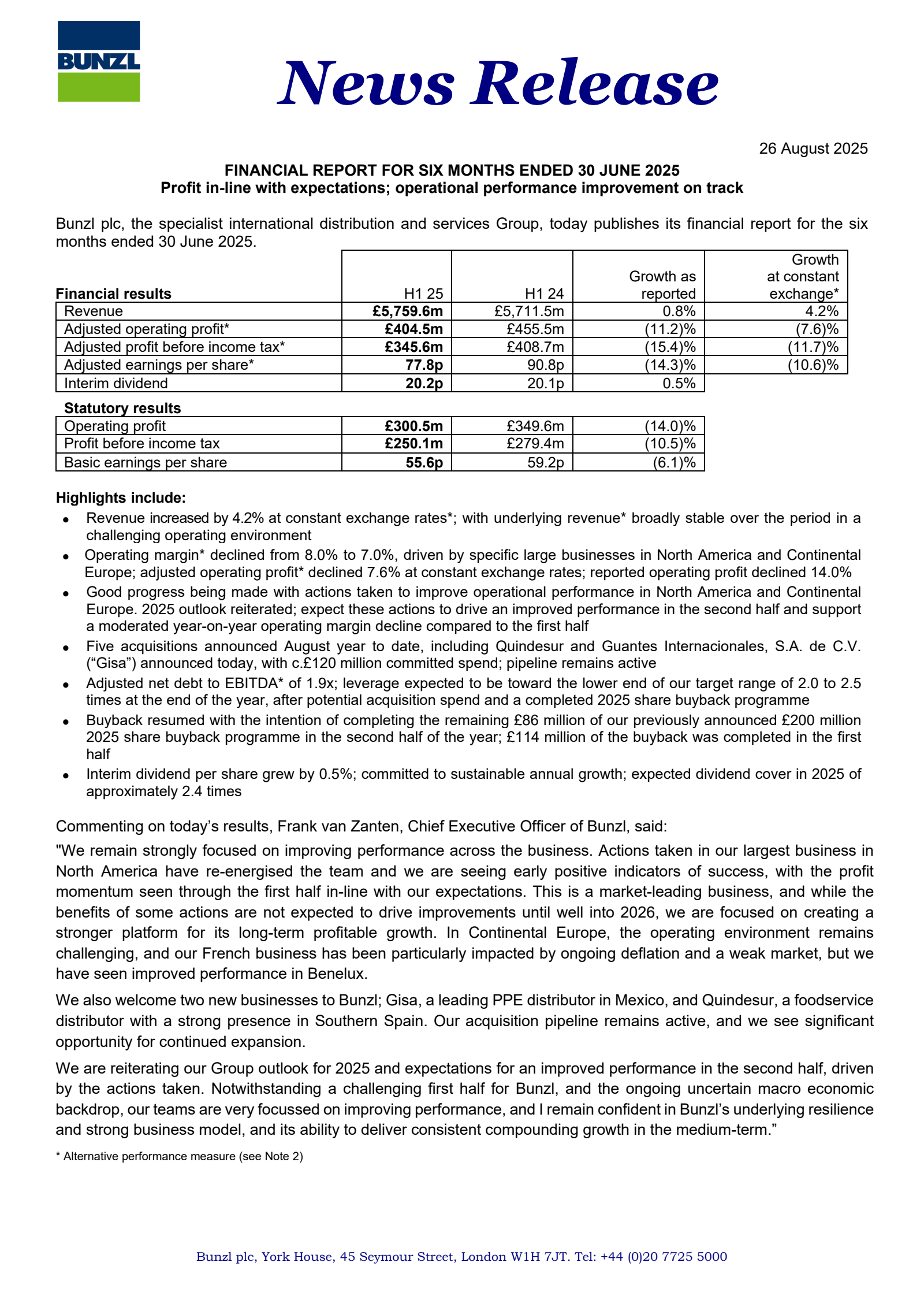 Bunzl's H1 2025 Interim report