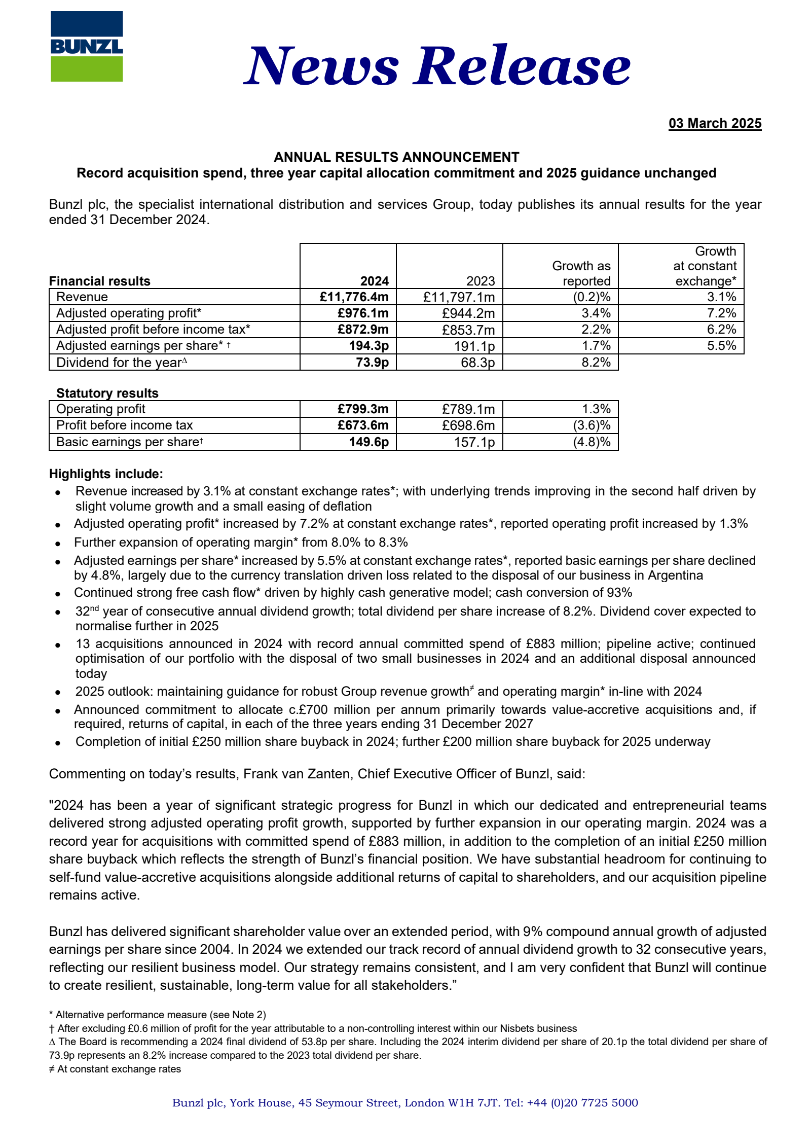 Bunzl's H2 2024 Press Release
