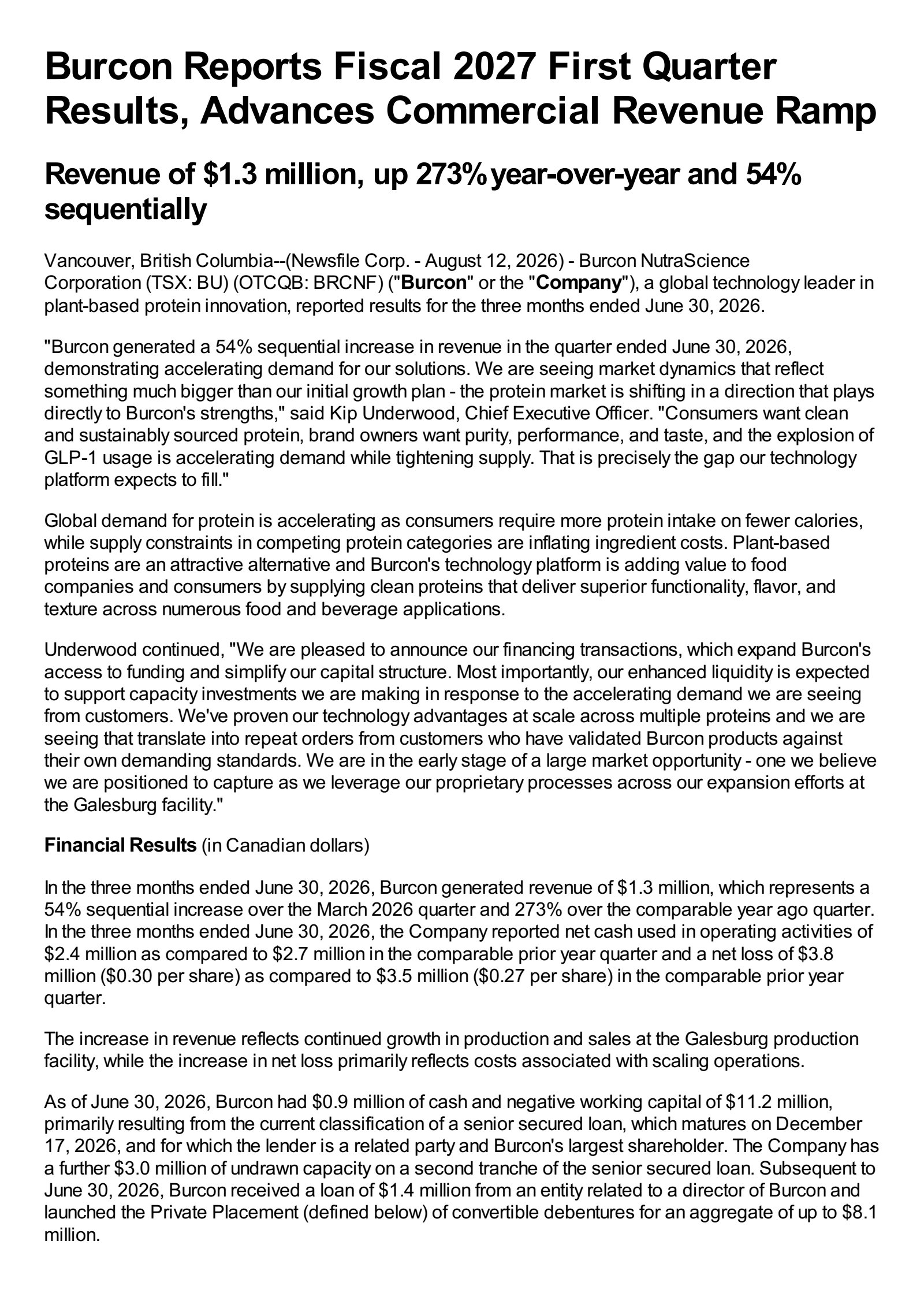 Burcon NutraScience's Q1 2027 Press Release