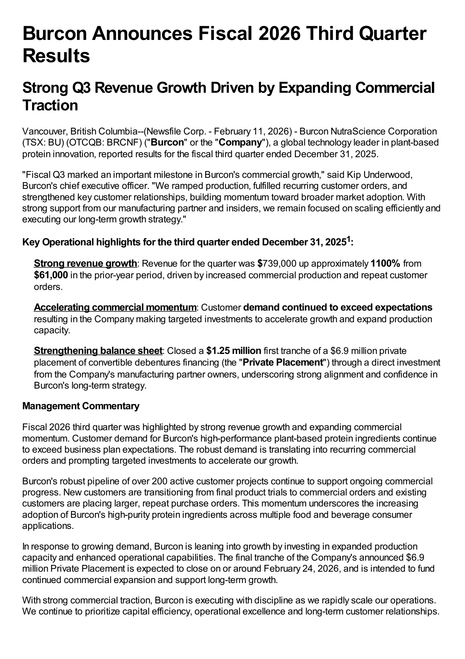Burcon NutraScience's Q3 2026 Press Release