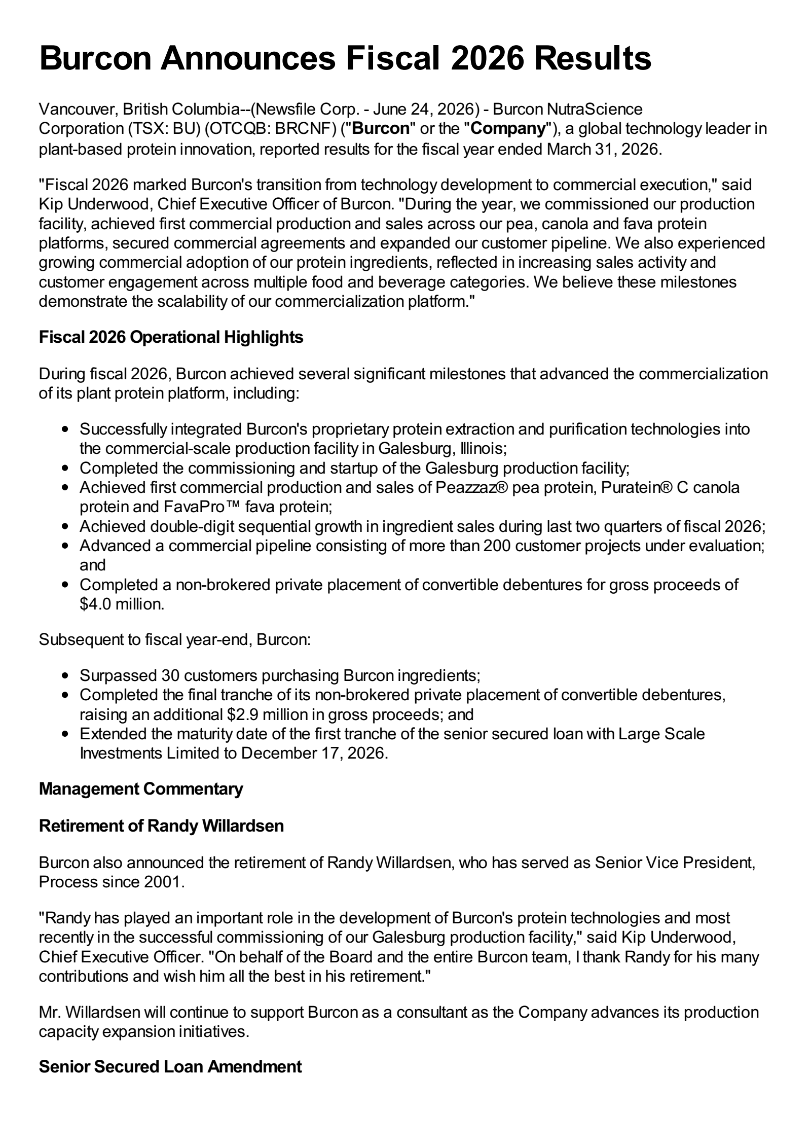Burcon NutraScience's Q4 2026 Press Release