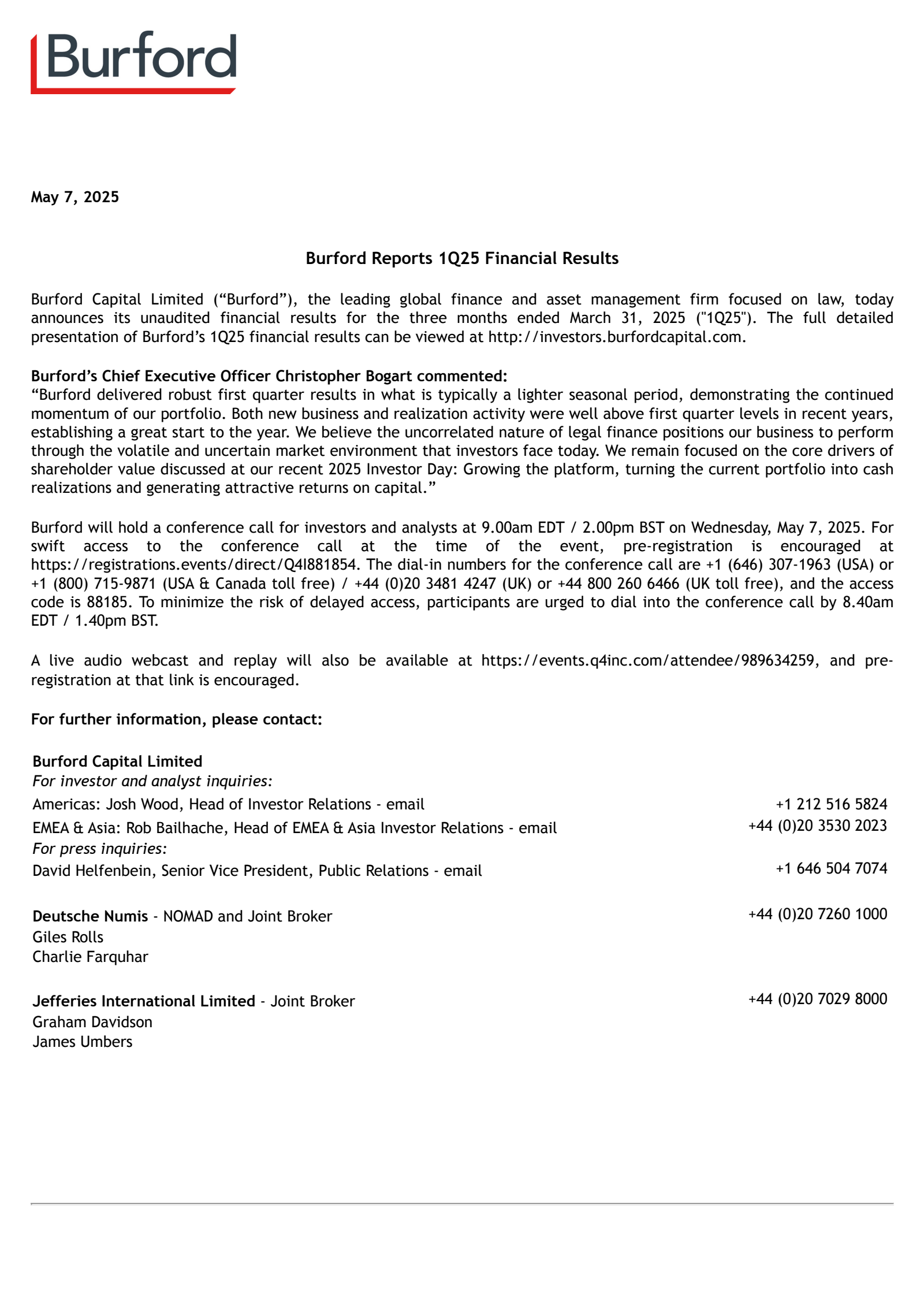 Burford Capital's Q1 2025 Earnings Release