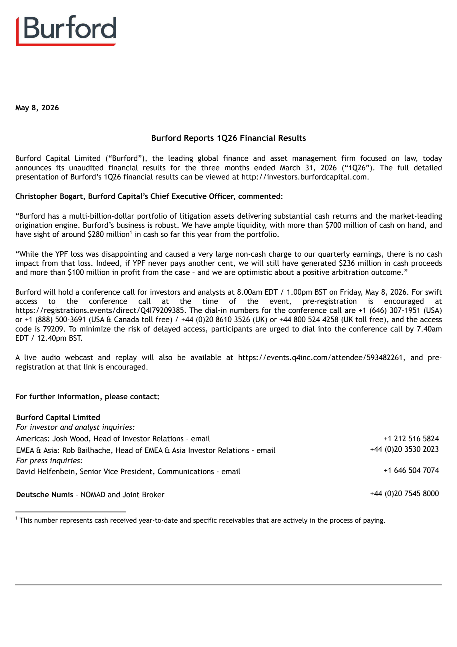 Burford Capital's Q1 2026 Press Release