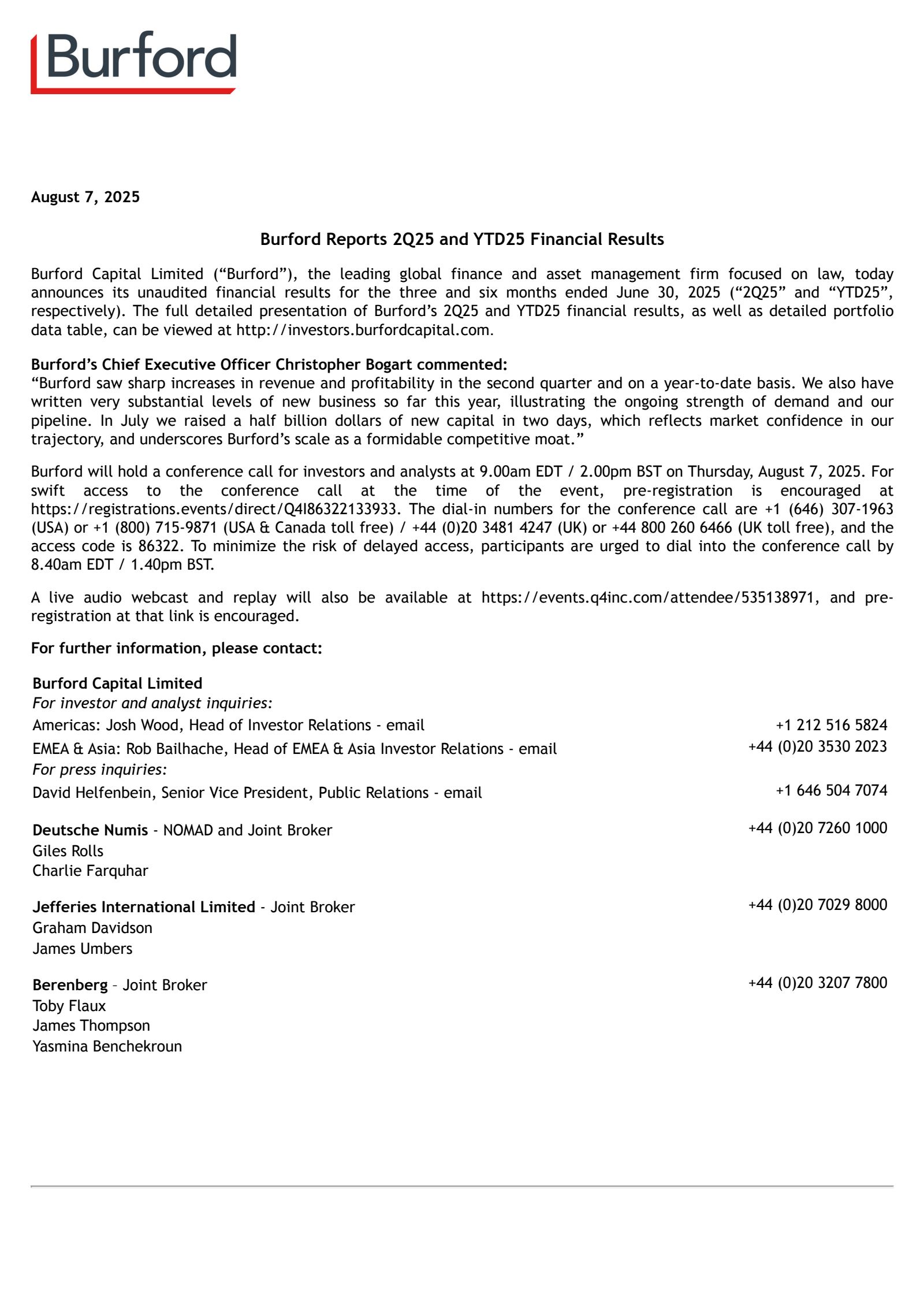 Burford Capital's Q2 2025 Press Release
