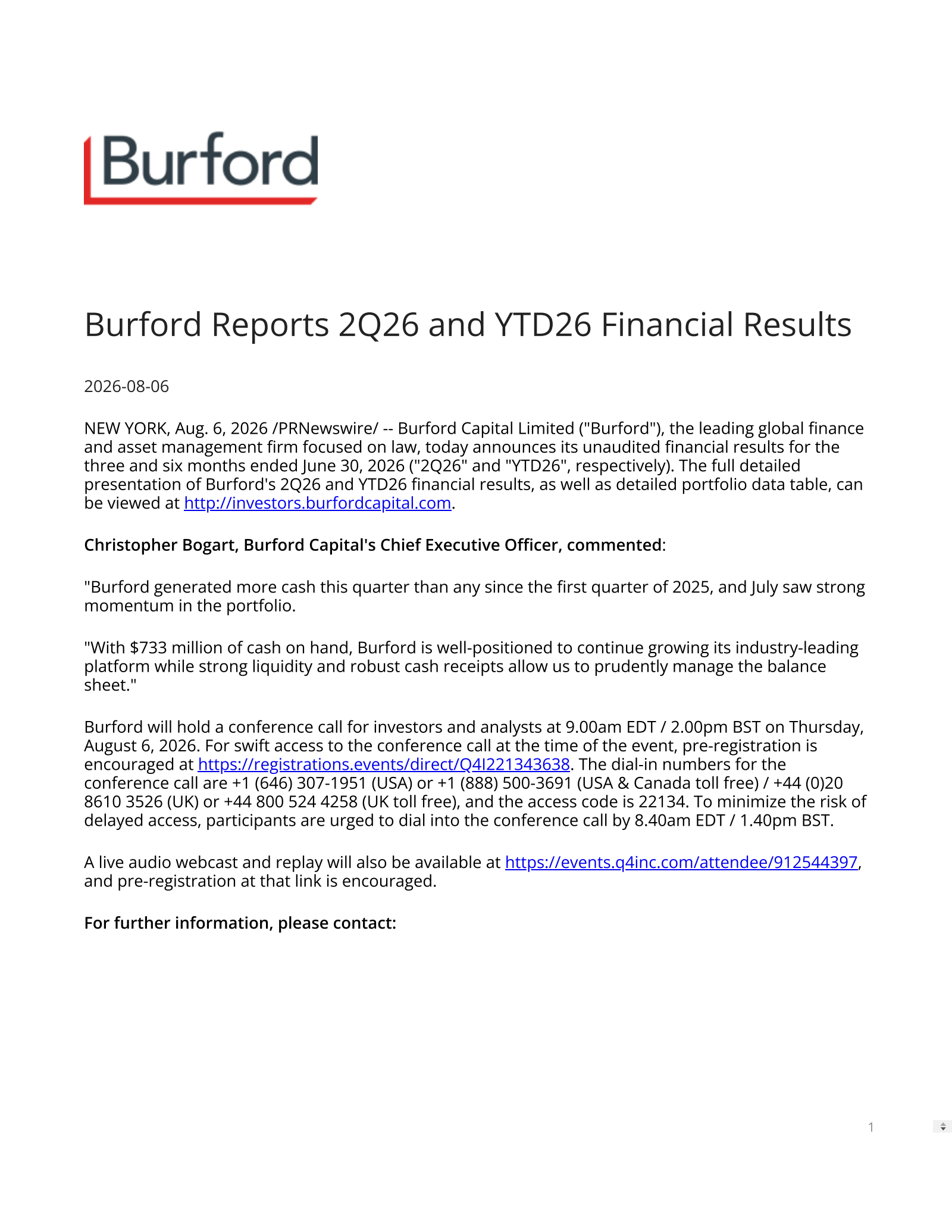 Burford Capital's Q2 2026 Press Release