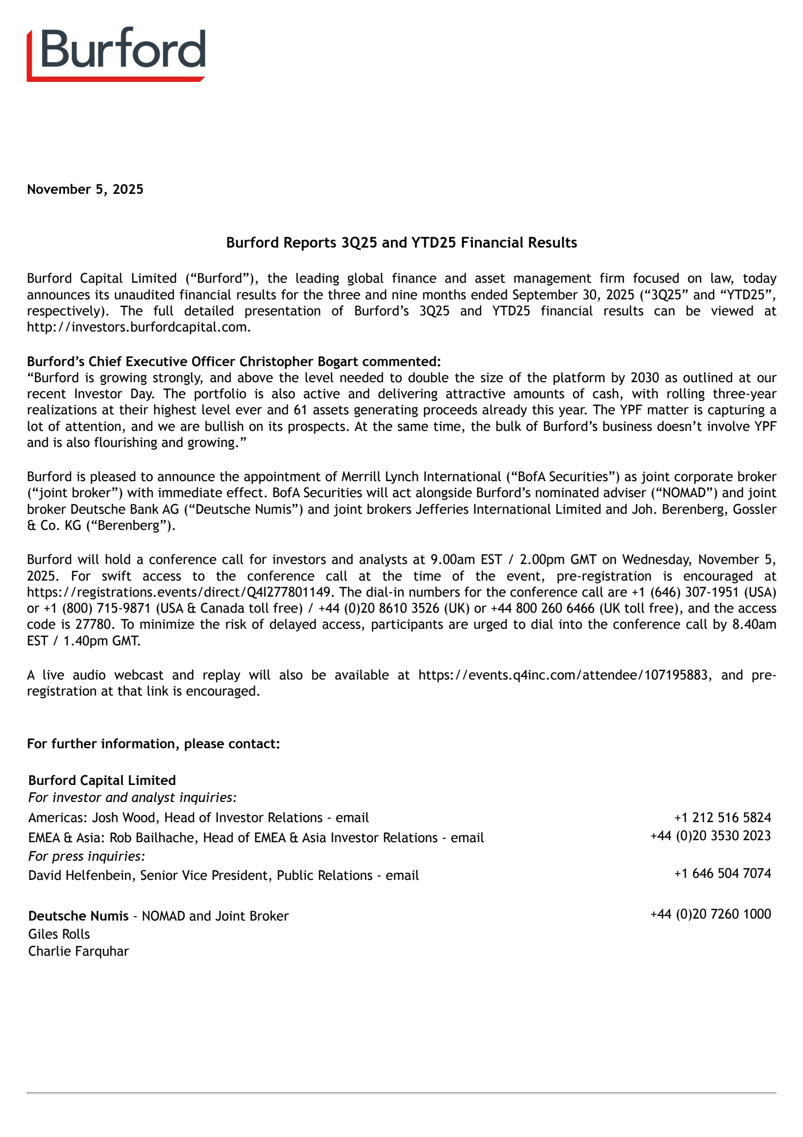 Burford Capital's Q3 2025 Earnings Release
