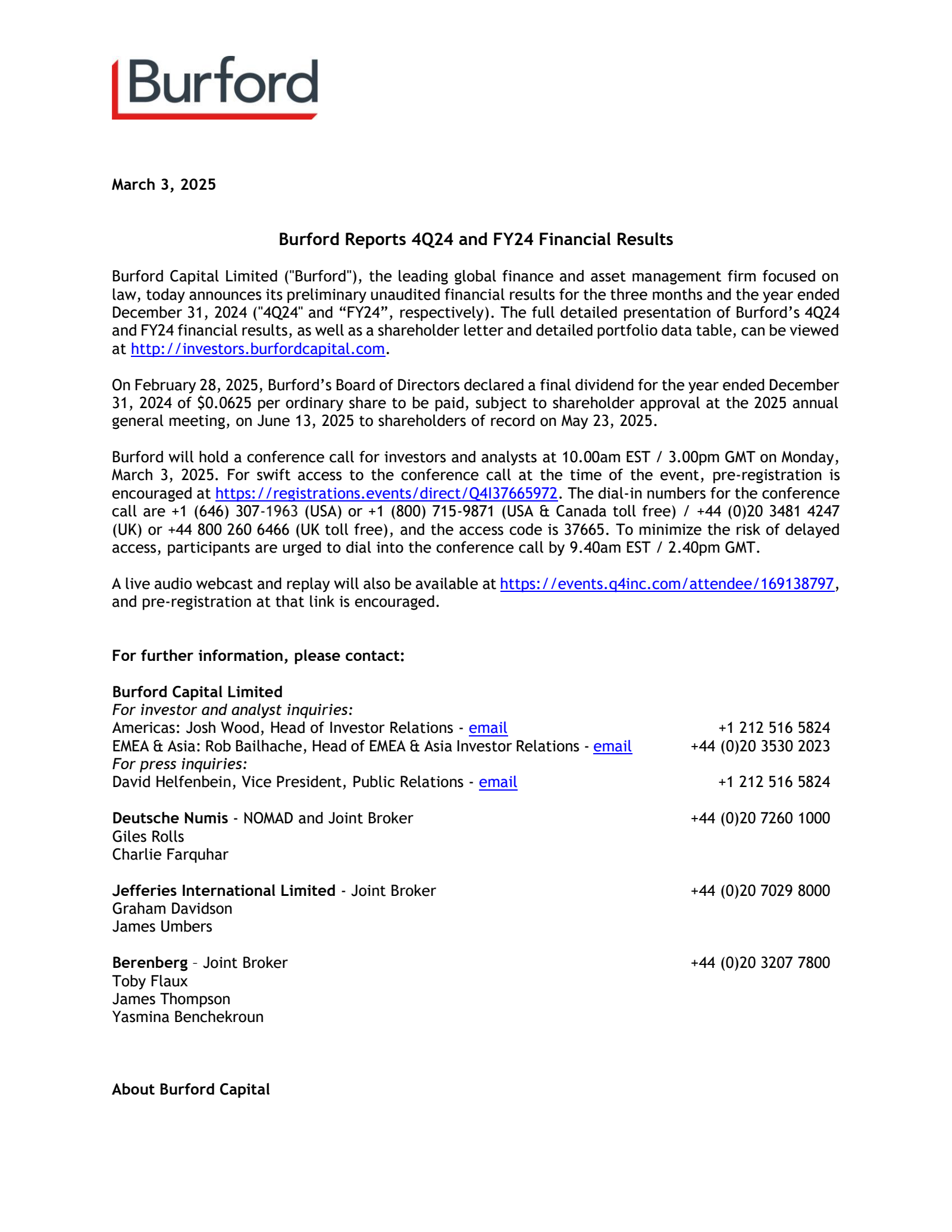 Burford Capital's Q4 2024 Earnings Release