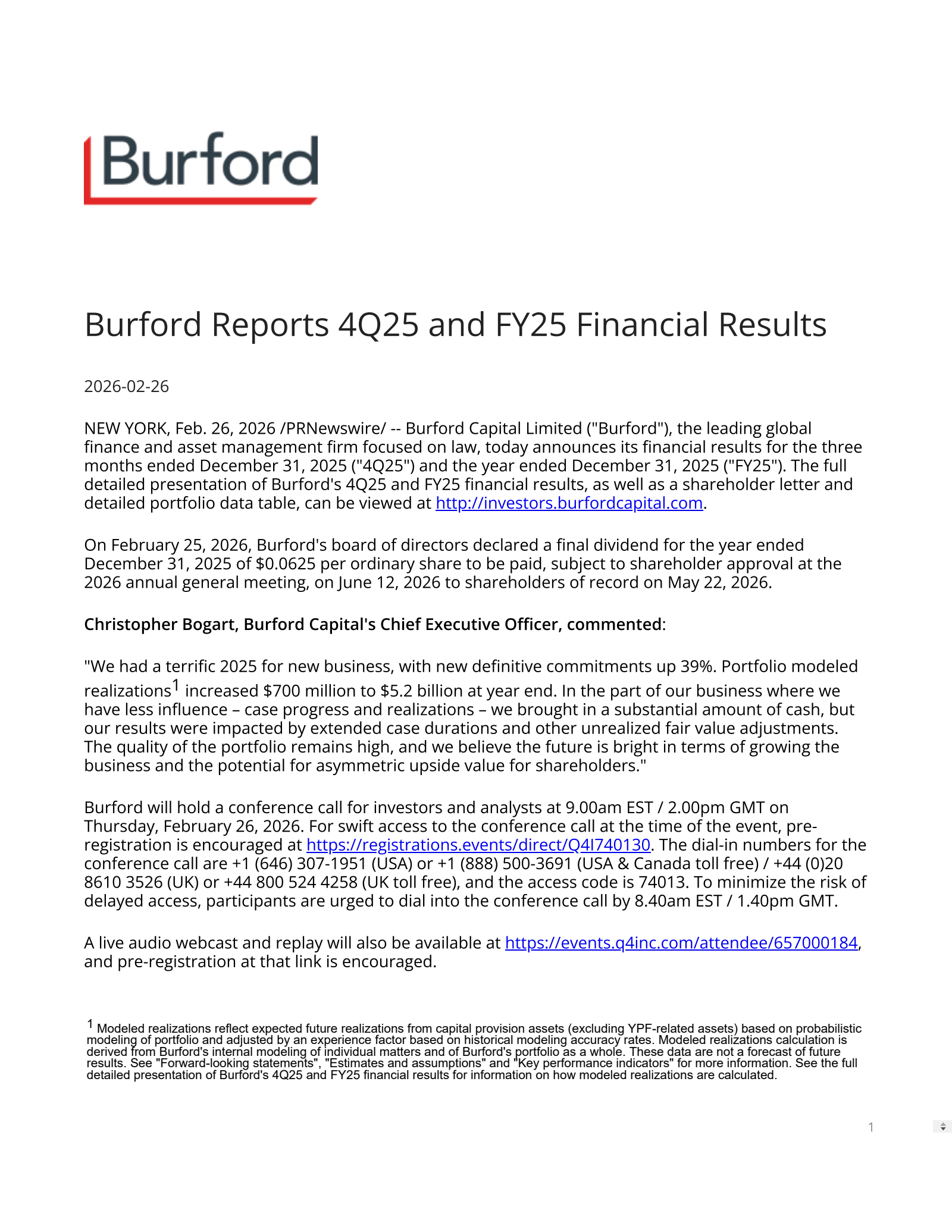 Burford Capital's Q4 2025 Press Release