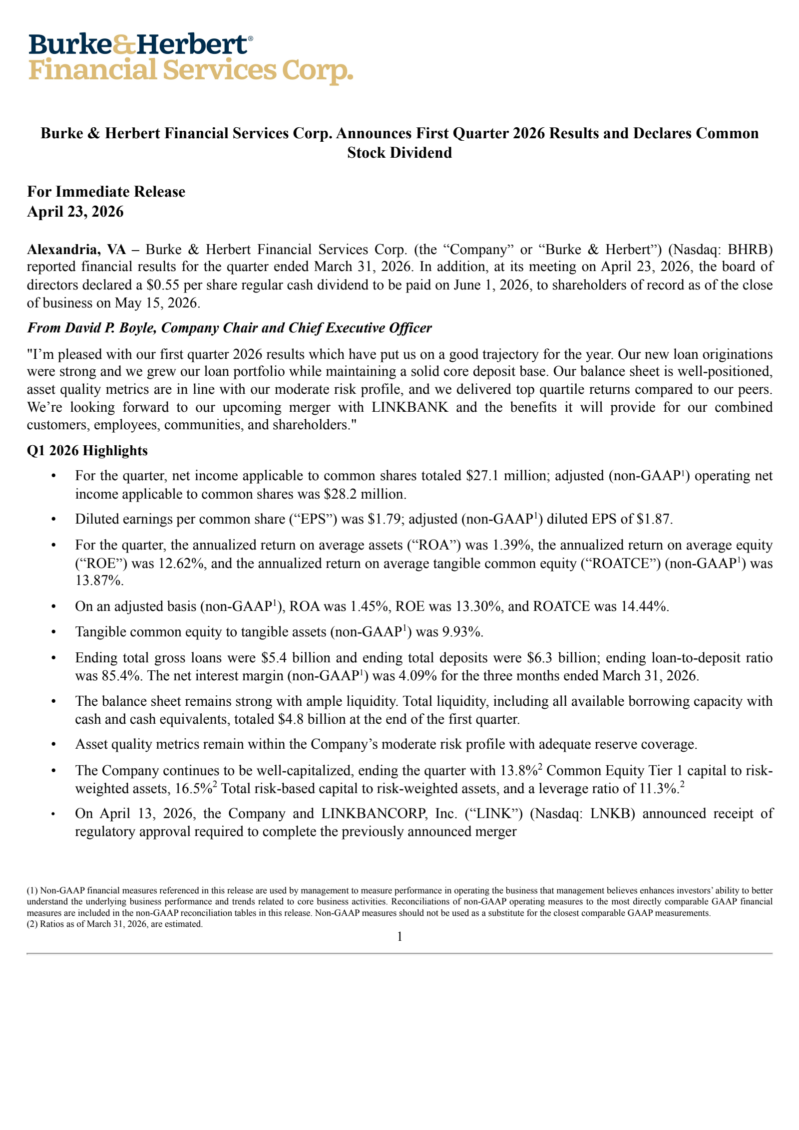 Burke & Herbert Financial Services' Q1 2026 Press Release