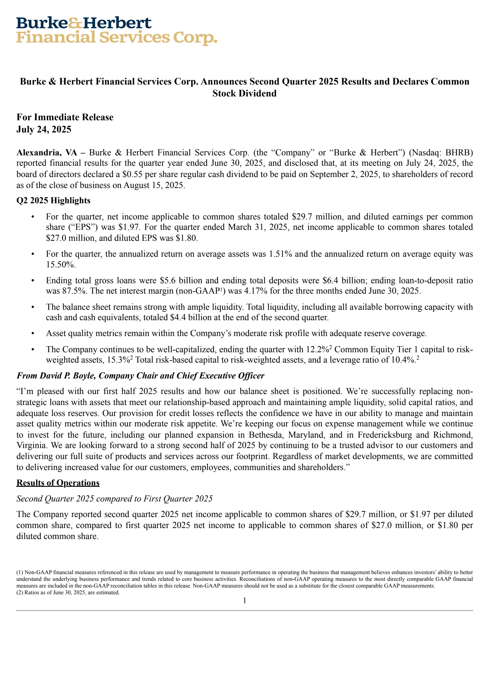 Burke & Herbert Financial Services' Q2 2025 Press Release