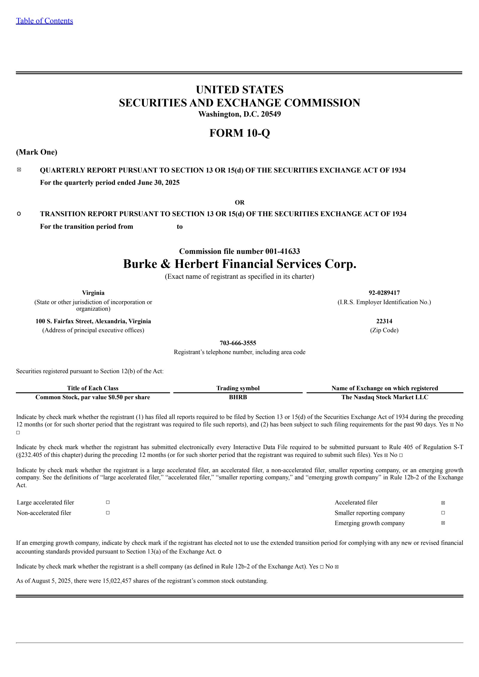 Burke & Herbert Financial Services' Q2 2025 Quarterly report
