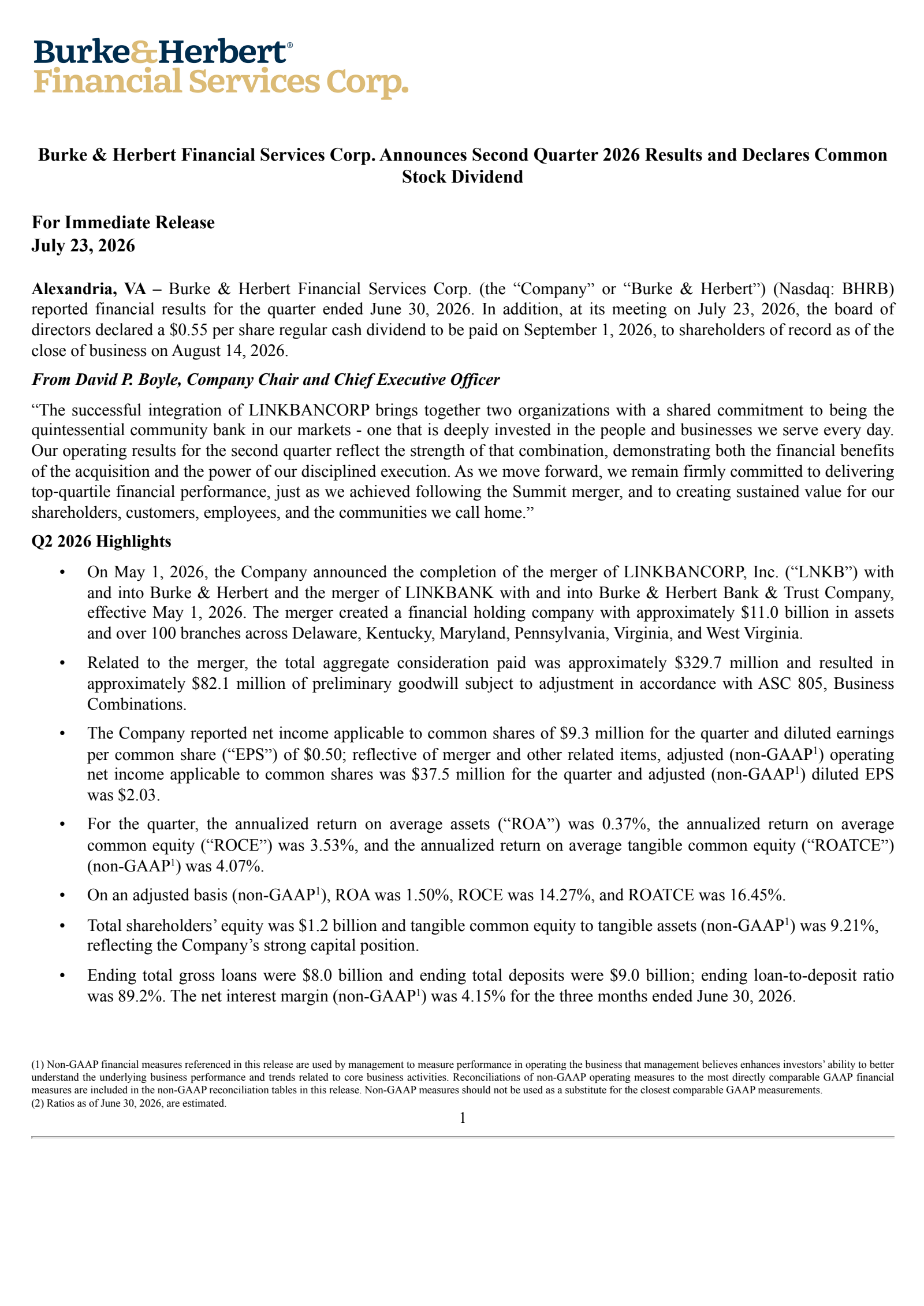 Burke & Herbert Financial Services' Q2 2026 Press Release