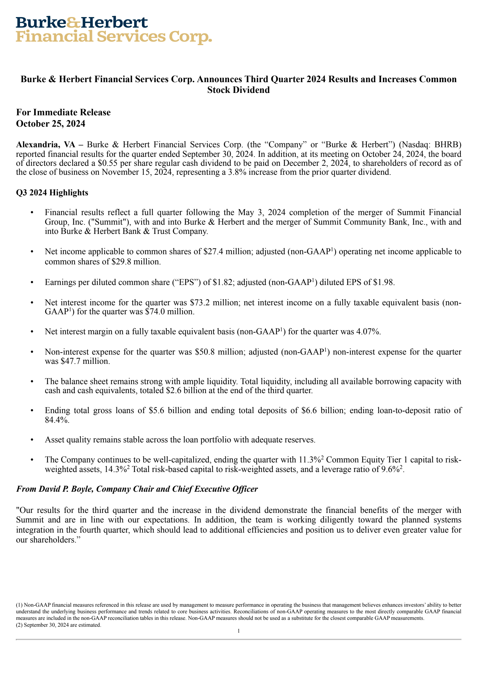 Burke & Herbert Financial Services' Q3 2024 Press Release