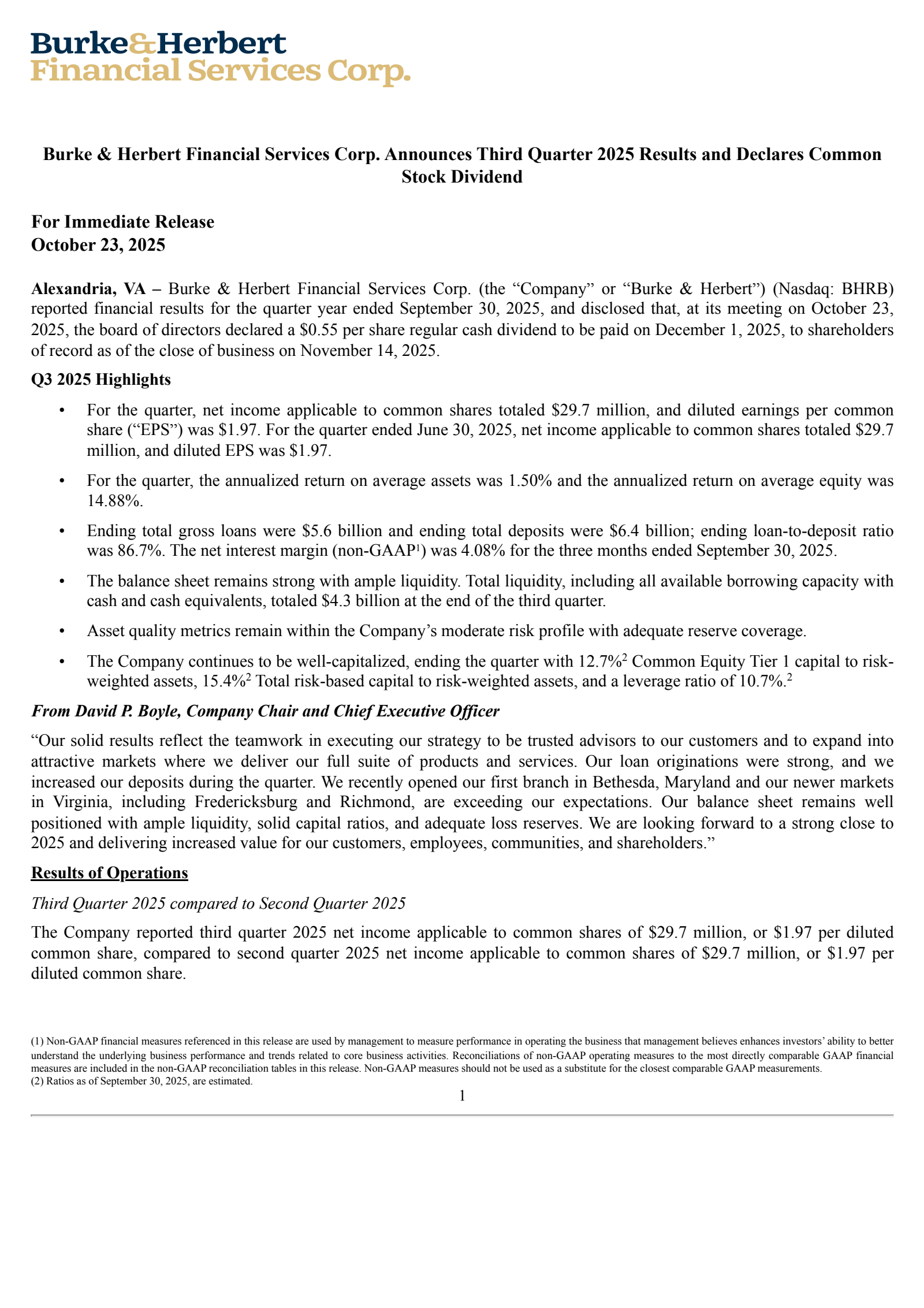 Burke & Herbert Financial Services' Q3 2025 Earnings Release