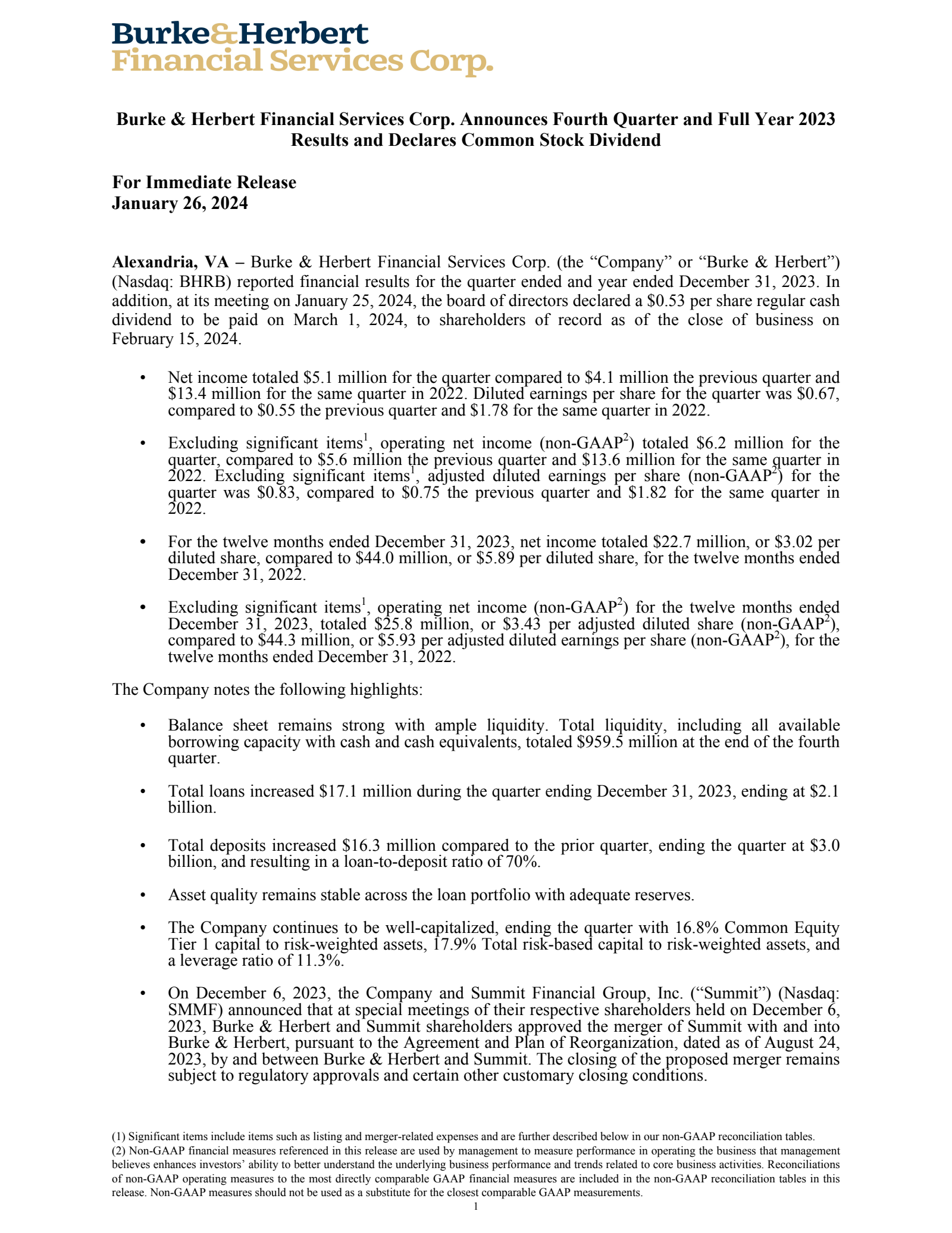 Burke & Herbert Financial Services' Q4 2023 Press Release