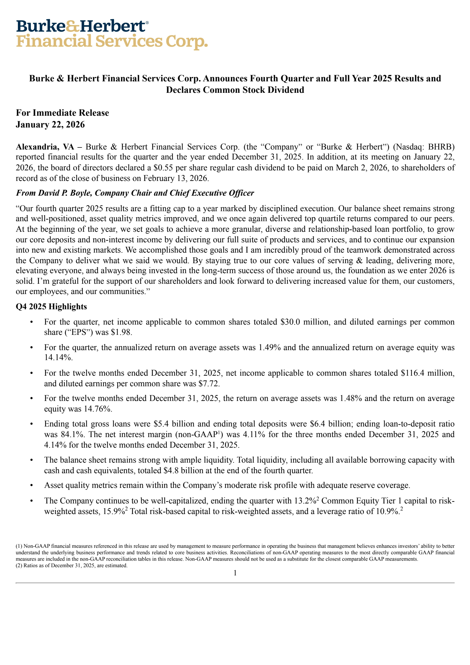 Burke & Herbert Financial Services' Q4 2025 Press Release