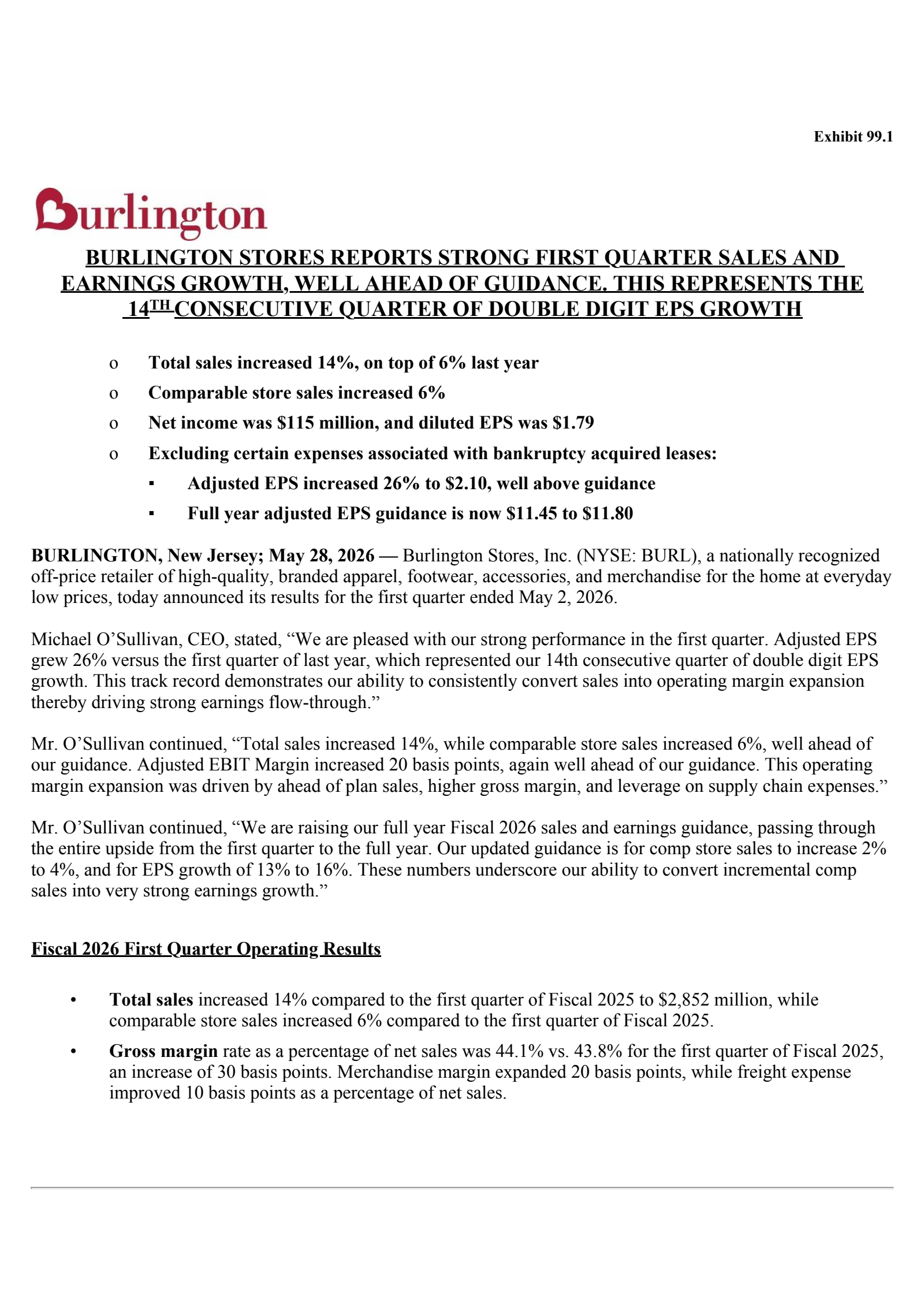 Burlington Stores' Q1 2027 Press Release