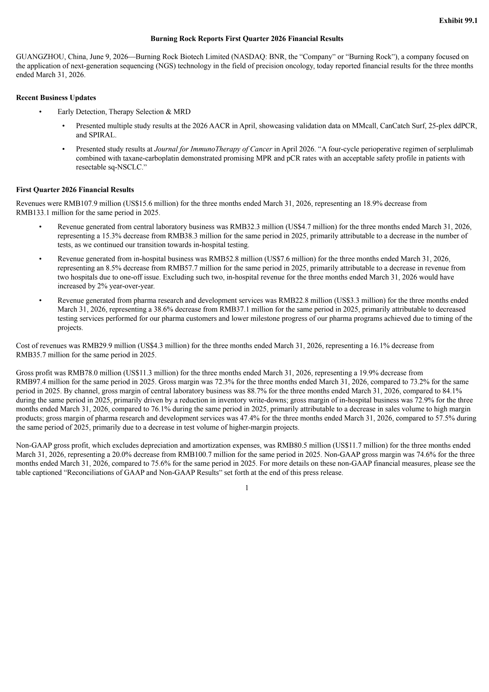 Burning Rock Biotech's Q1 2026 Press Release