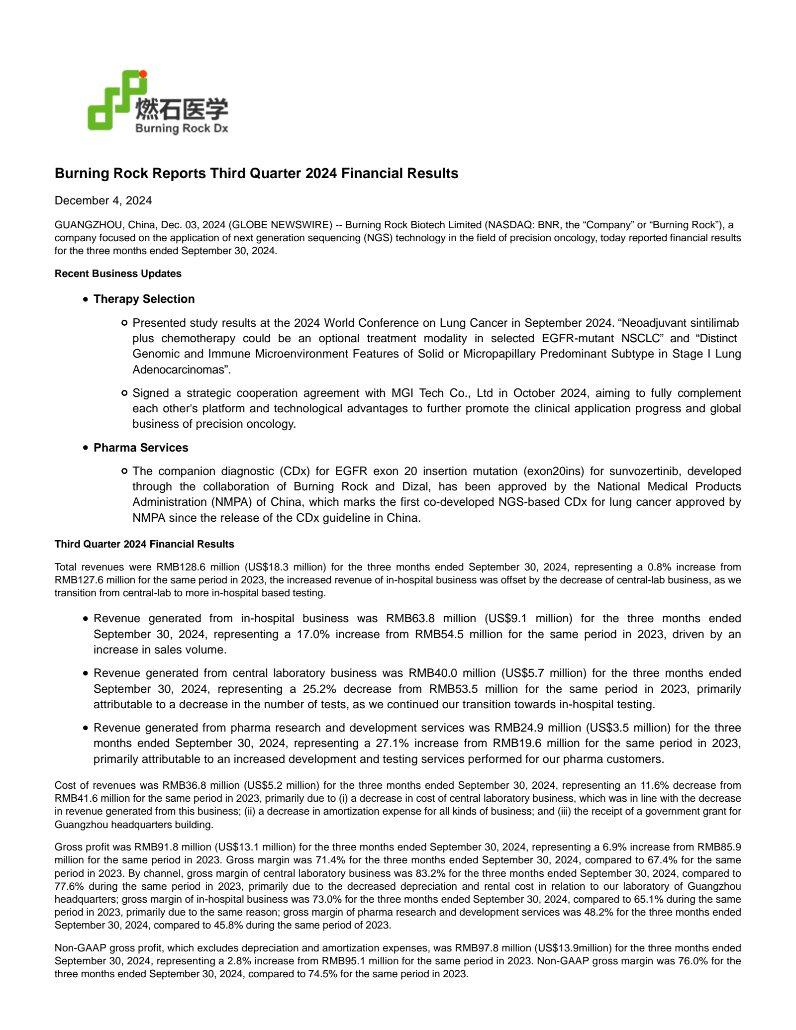 Burning Rock Biotech's Q3 2024 Press Release