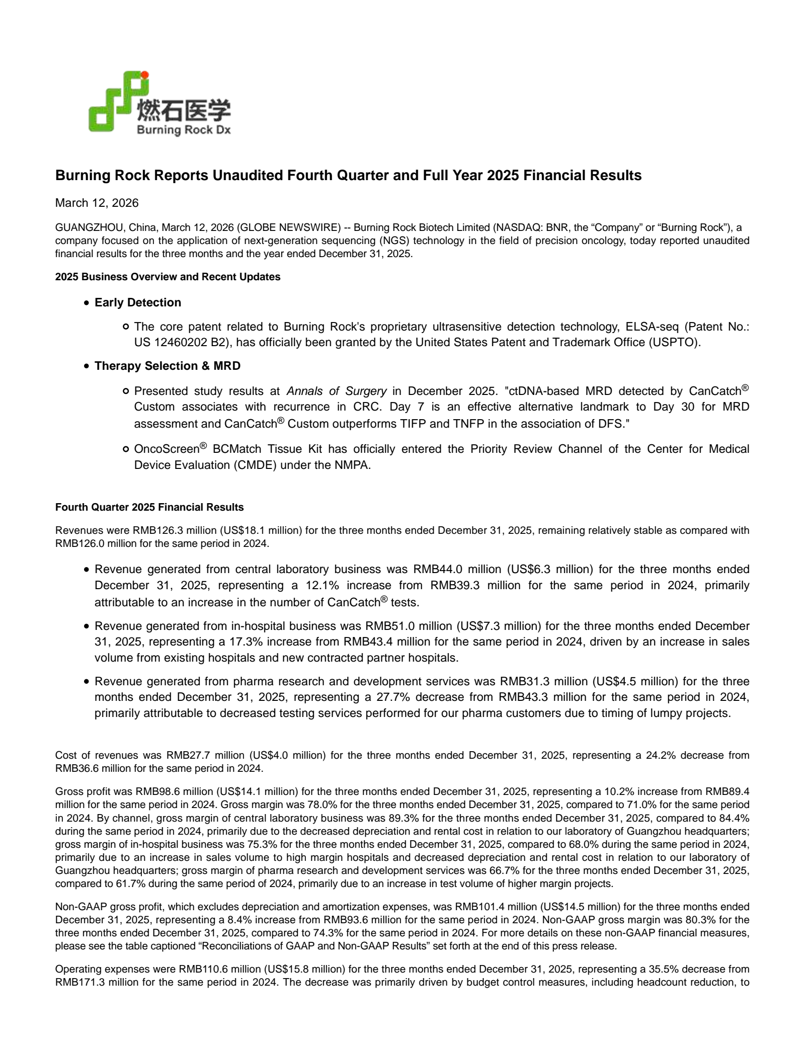 Burning Rock Biotech's Q4 2025 Press Release