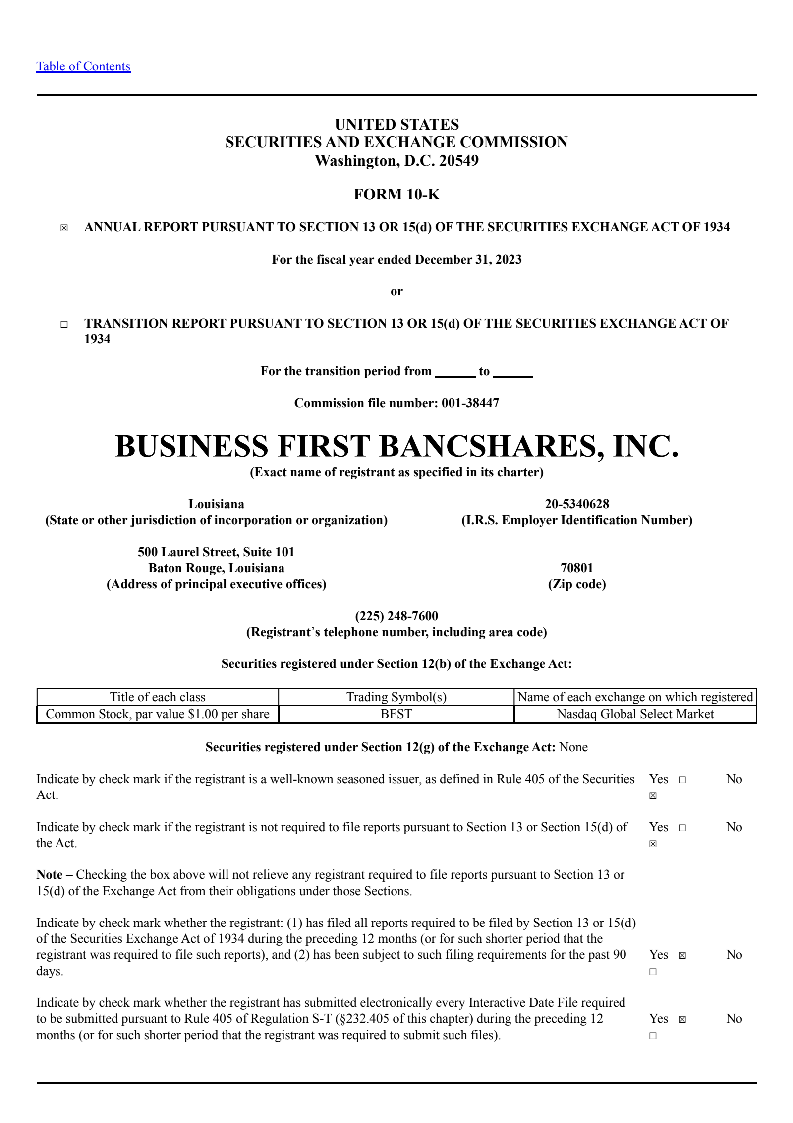 Business First Bancshares' Q4 2023 Annual report