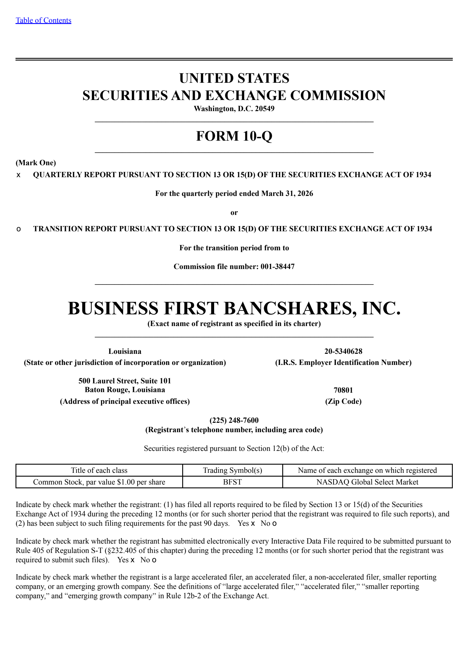Business First Bancshares' Q1 2026 Quarterly report