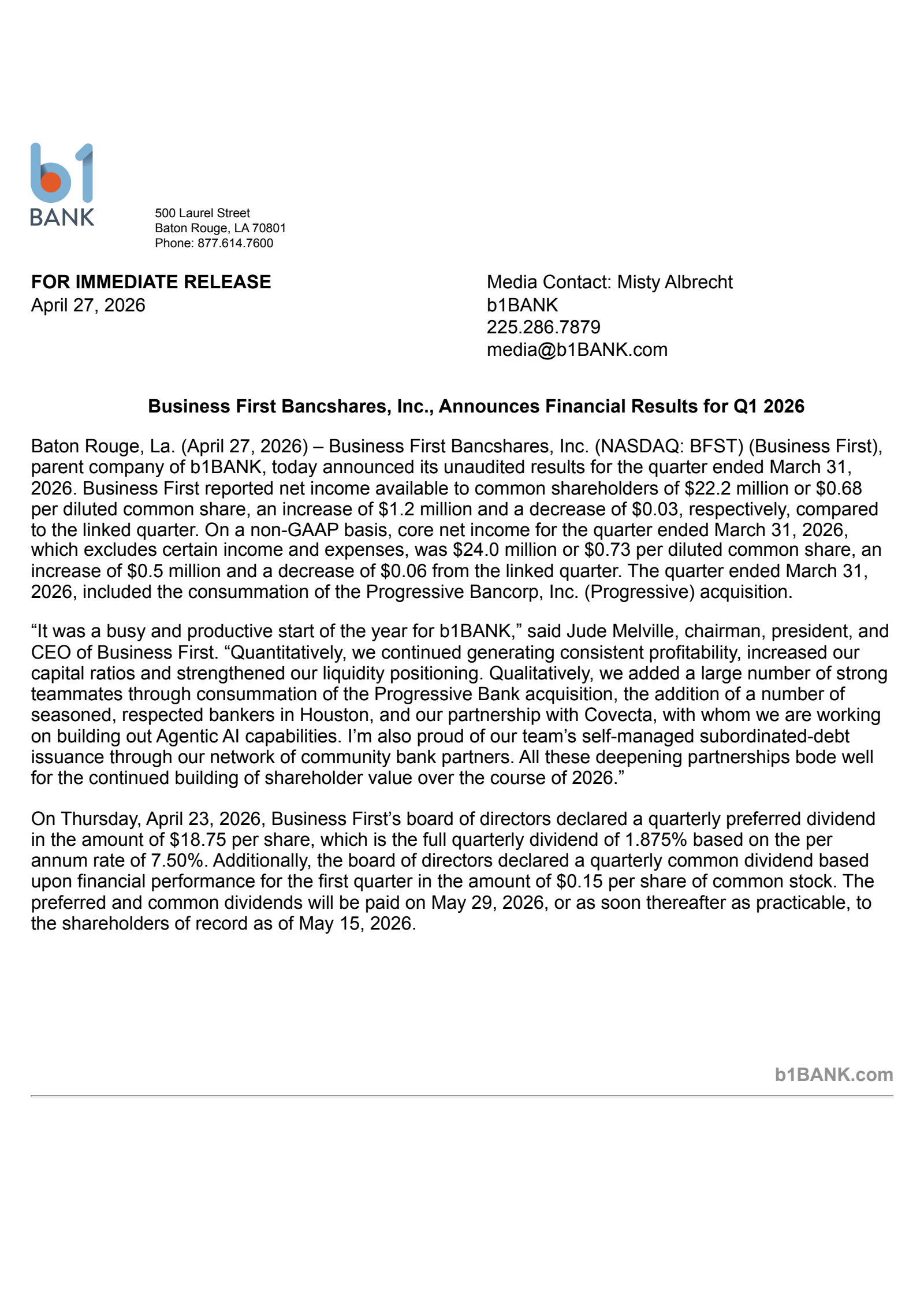 Business First Bancshares' Q1 2026 Press Release