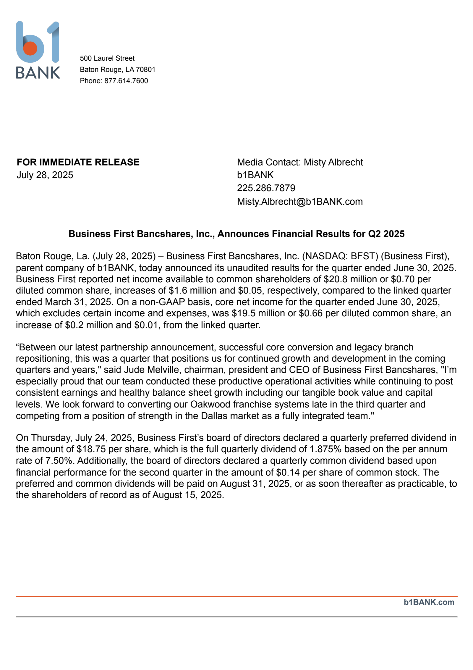 Business First Bancshares' Q2 2025 Press Release