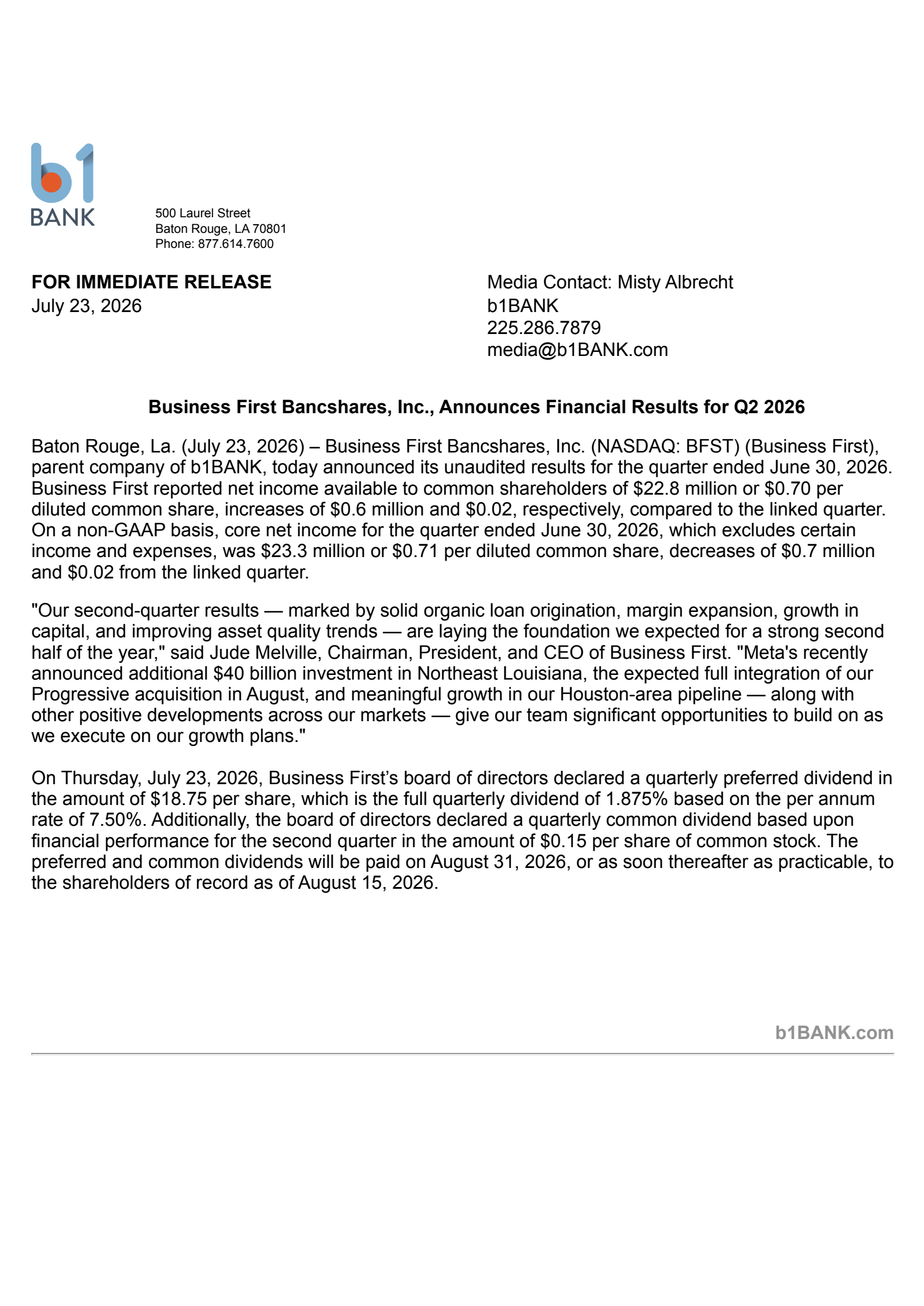 Business First Bancshares' Q2 2026 Press Release
