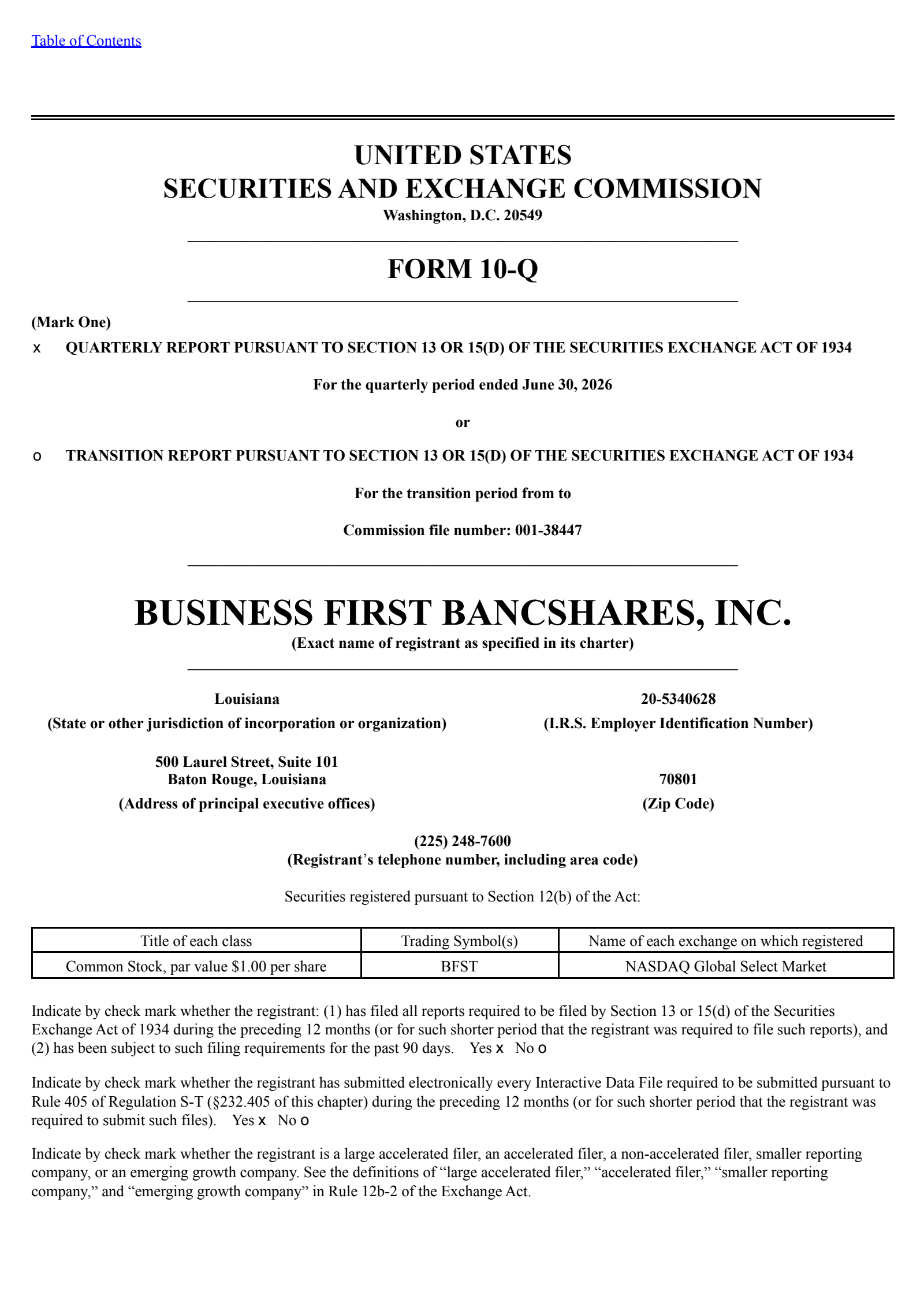Business First Bancshares' Q2 2026 Quarterly report