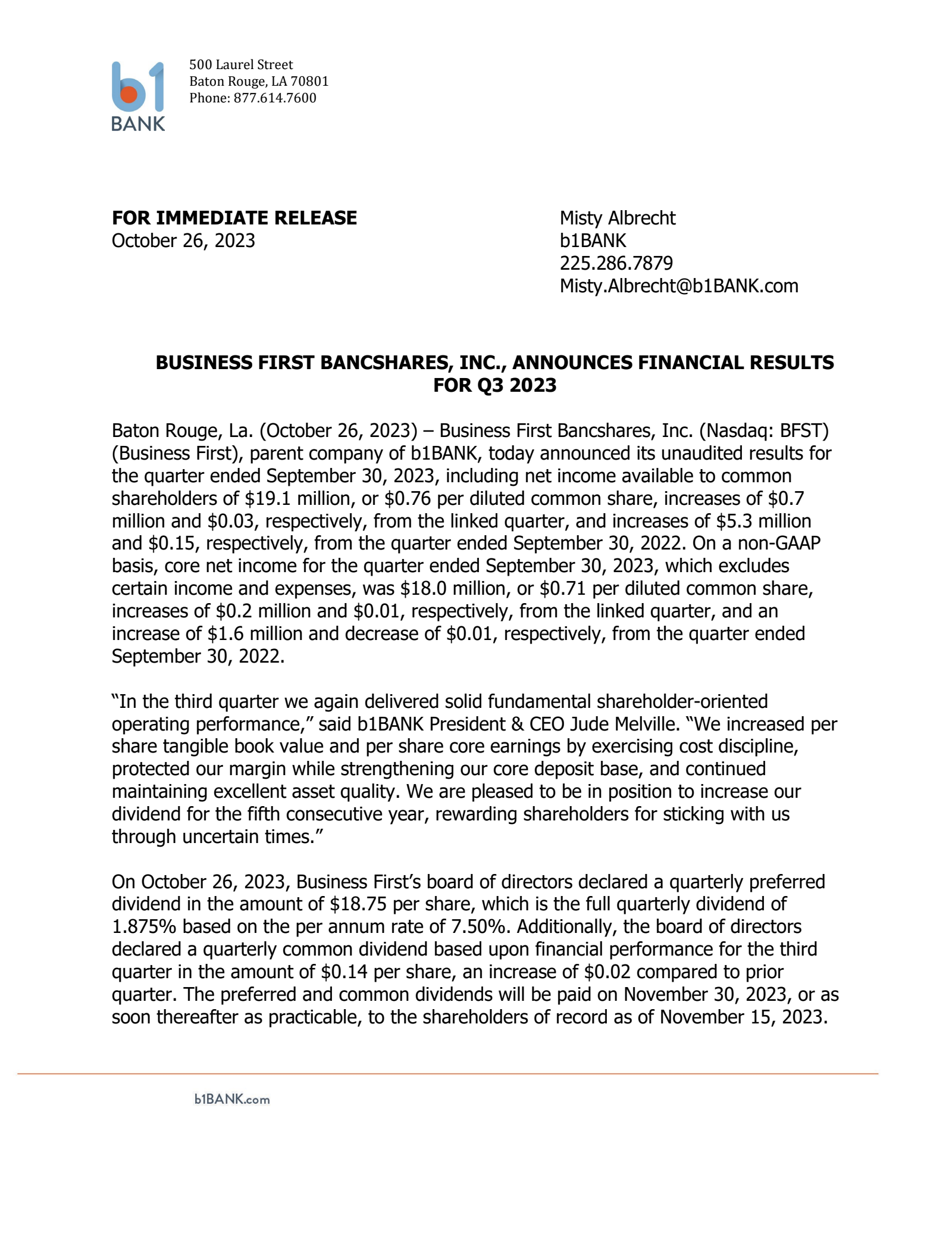 Nucor's Q3 2023 Press Release