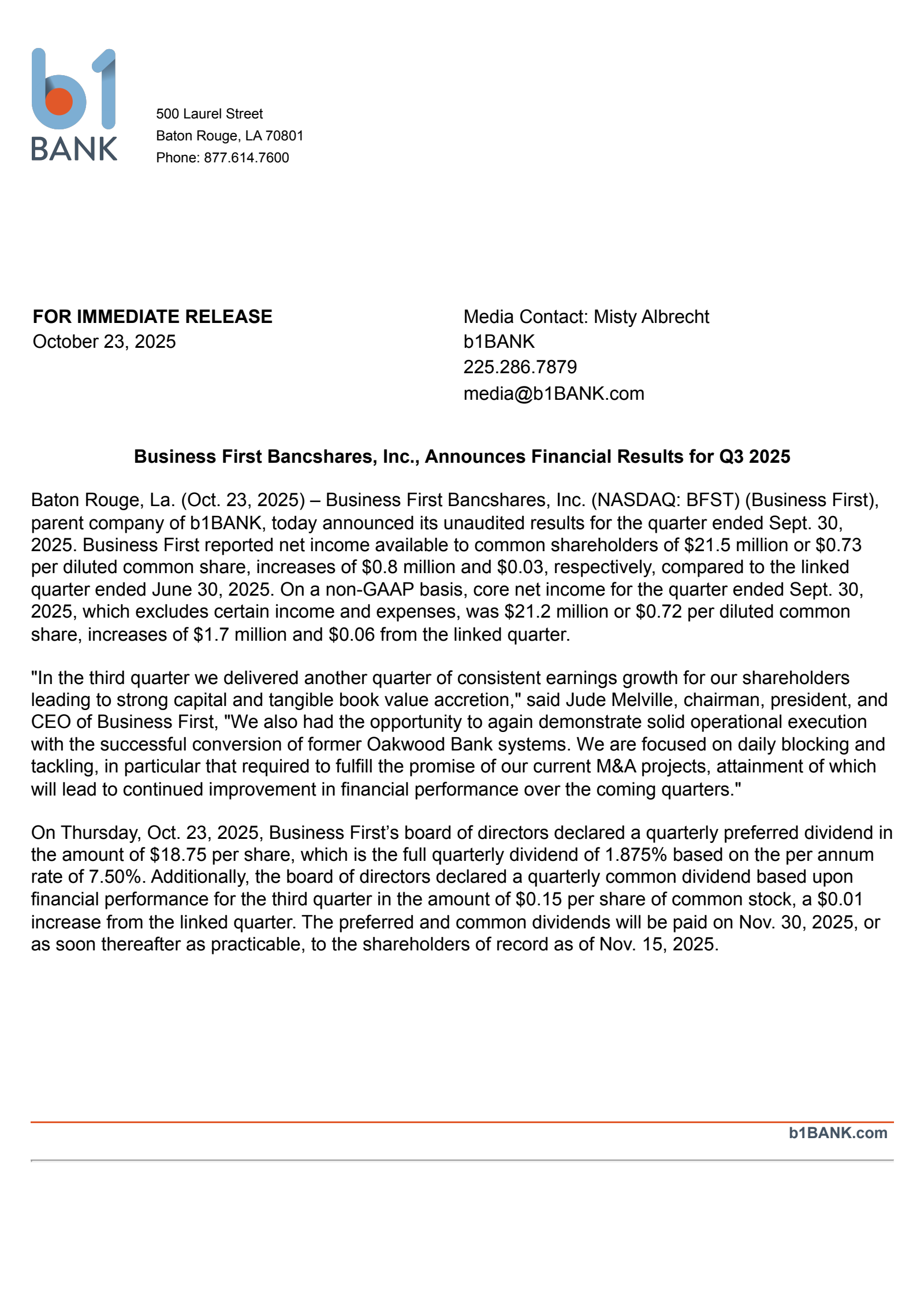 Business First Bancshares' Q3 2025 Earnings Release