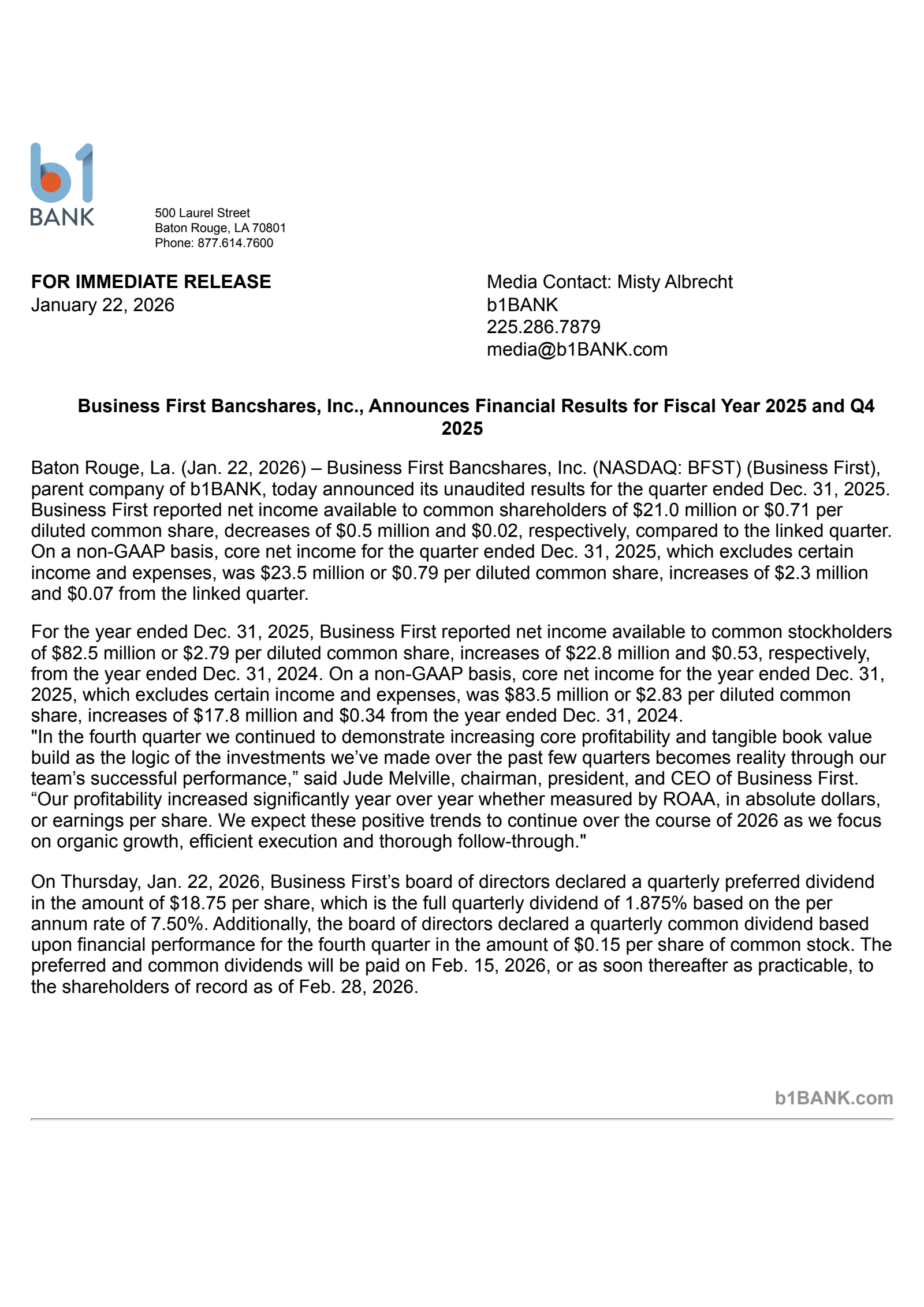 Business First Bancshares' Q4 2025 Press Release