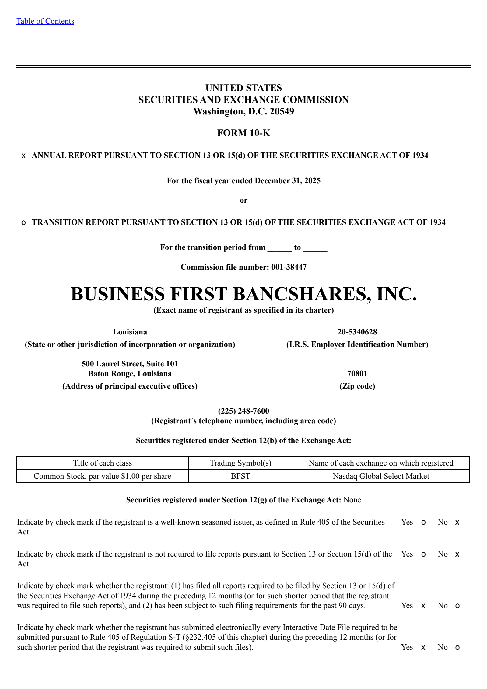 Business First Bancshares' Q4 2025 Annual report