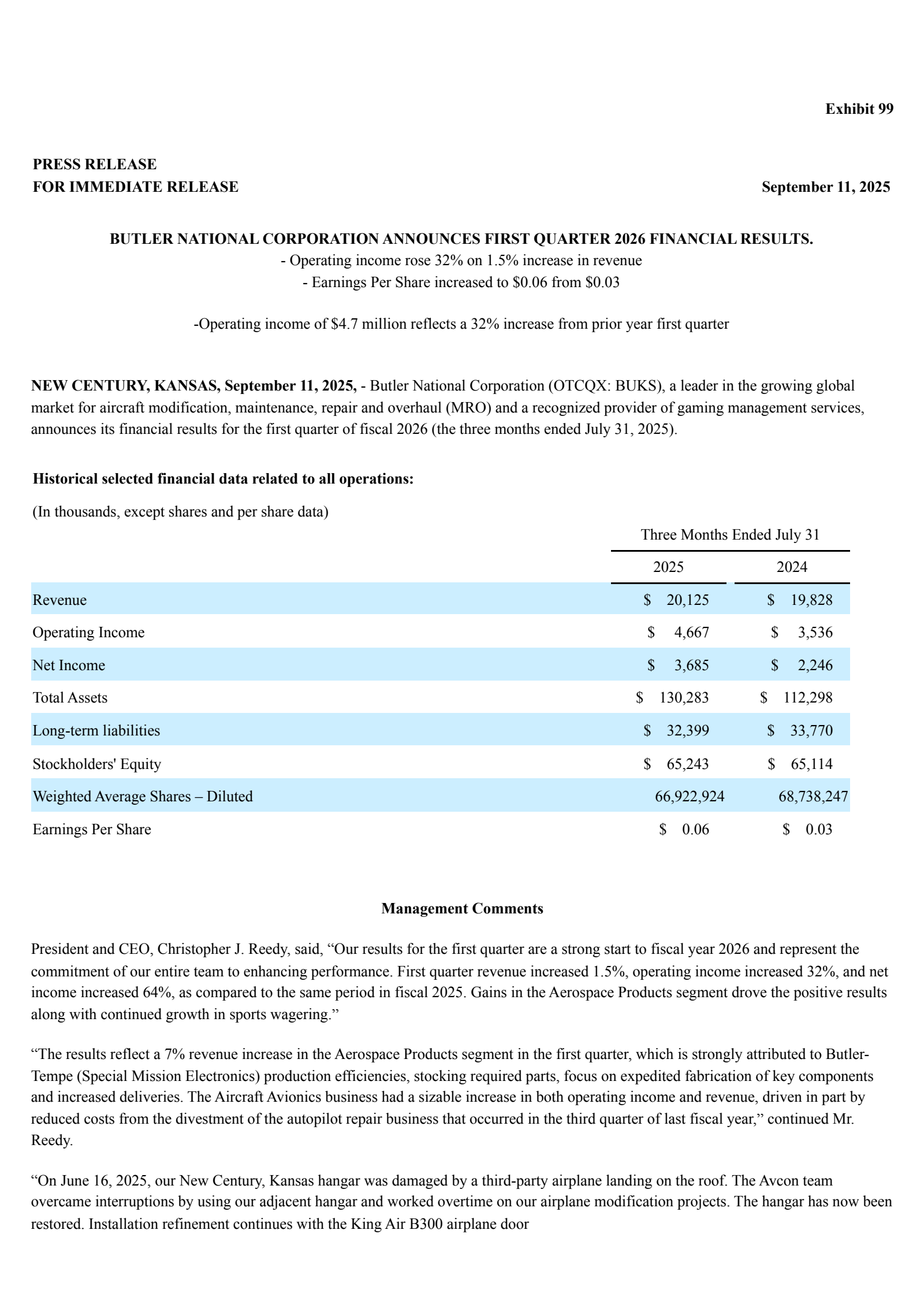 Butler National's Q1 2026 Earnings Release