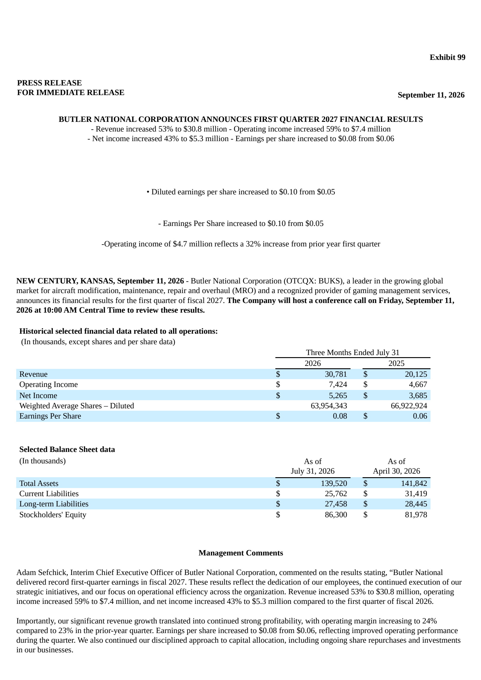 Butler National's Q1 2027 Press Release