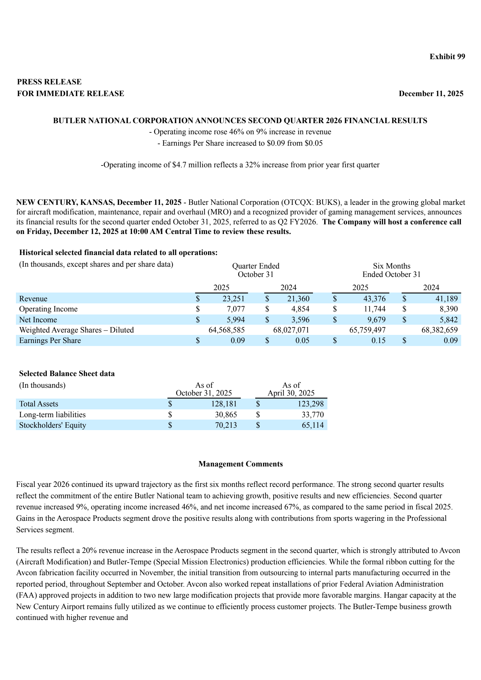 Butler National's Q2 2026 Earnings Release