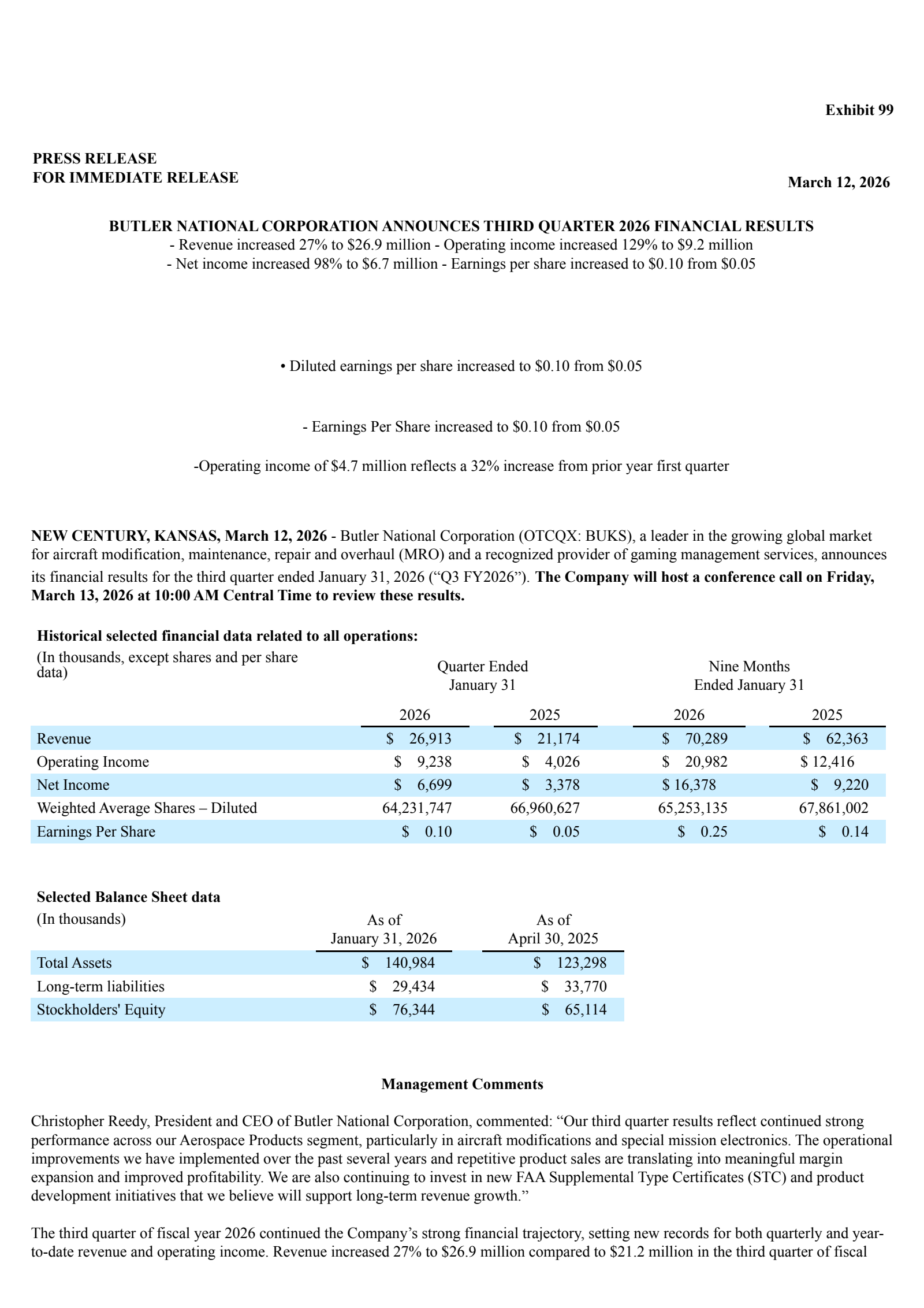 Butler National's Q3 2026 Press Release