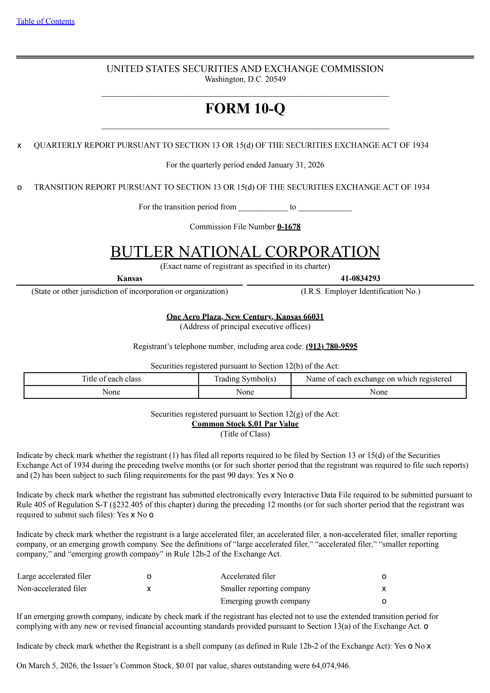 Butler National's Q3 2026 Quarterly report