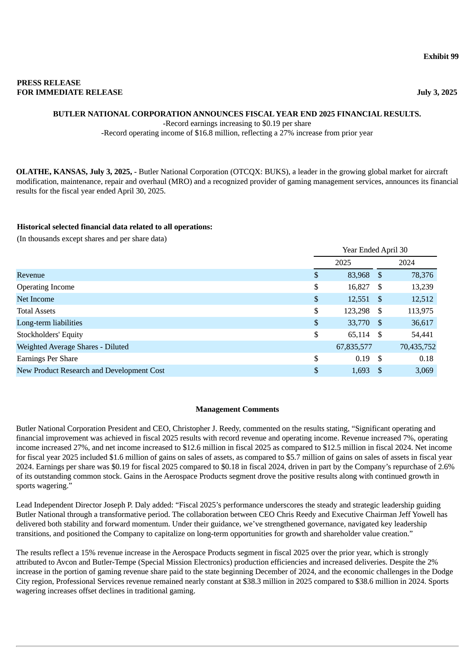 Butler National's Q4 2025 Press Release