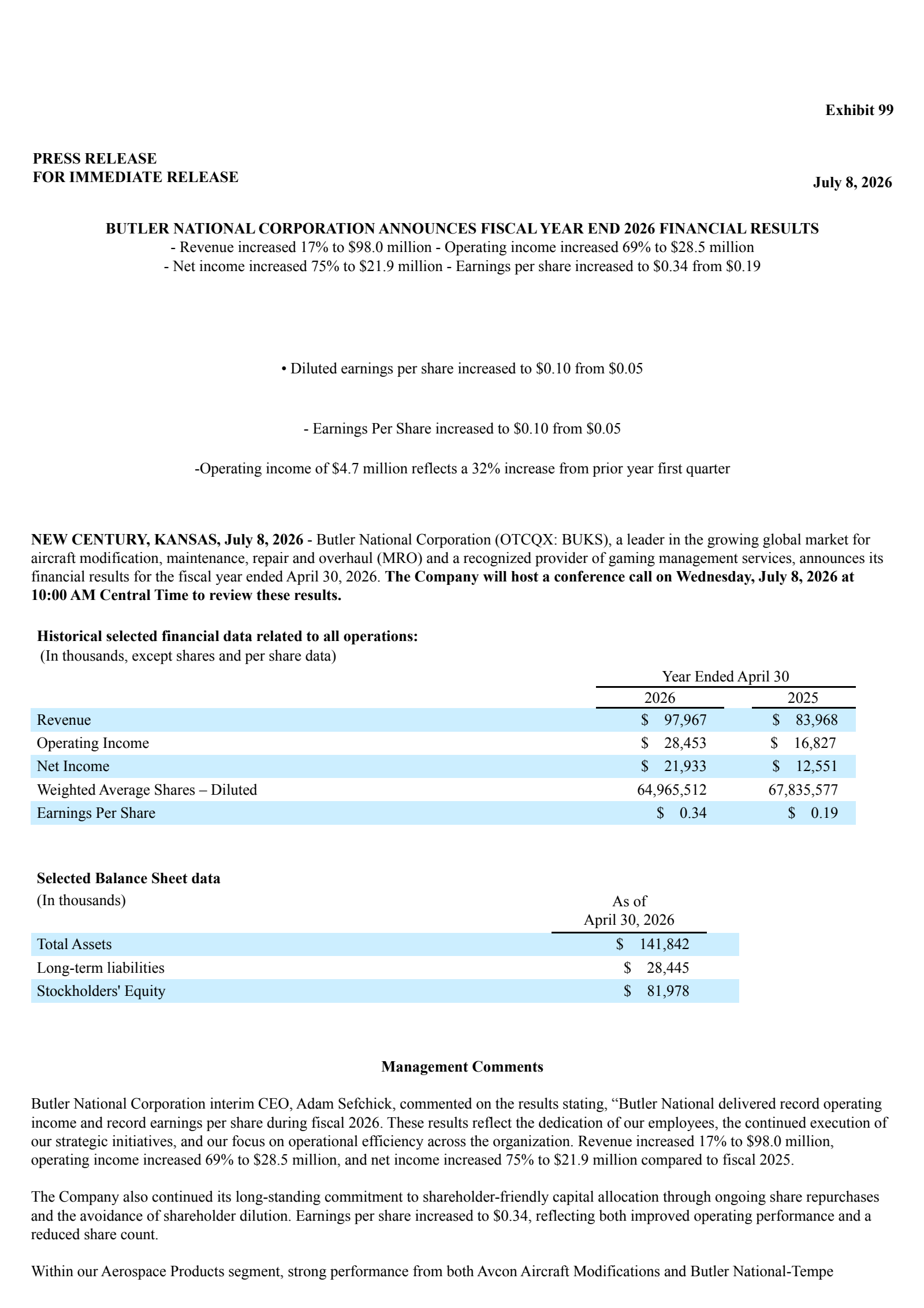 Butler National's Q4 2026 Press Release
