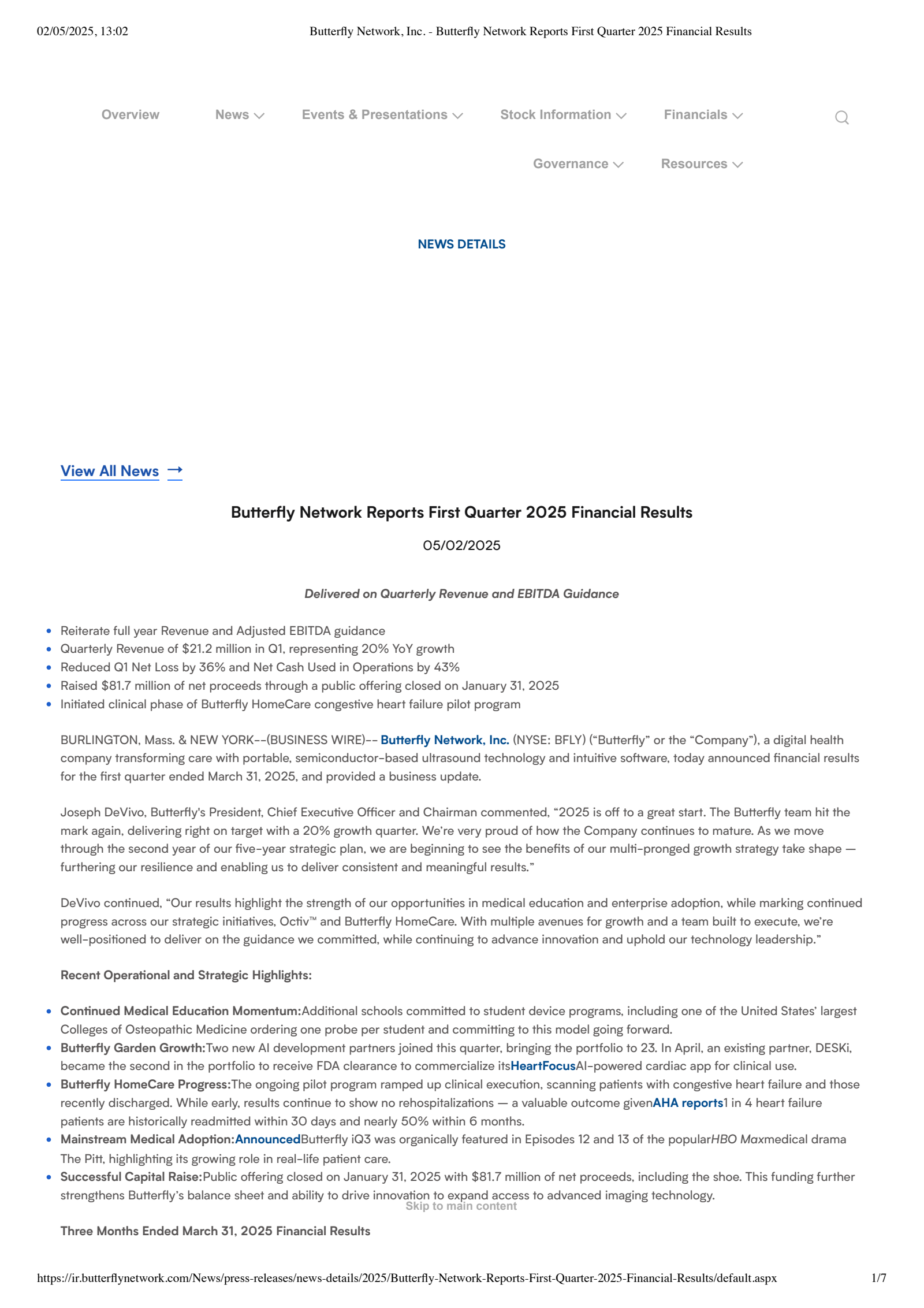 Butterfly Network's Q1 2025 Press Release