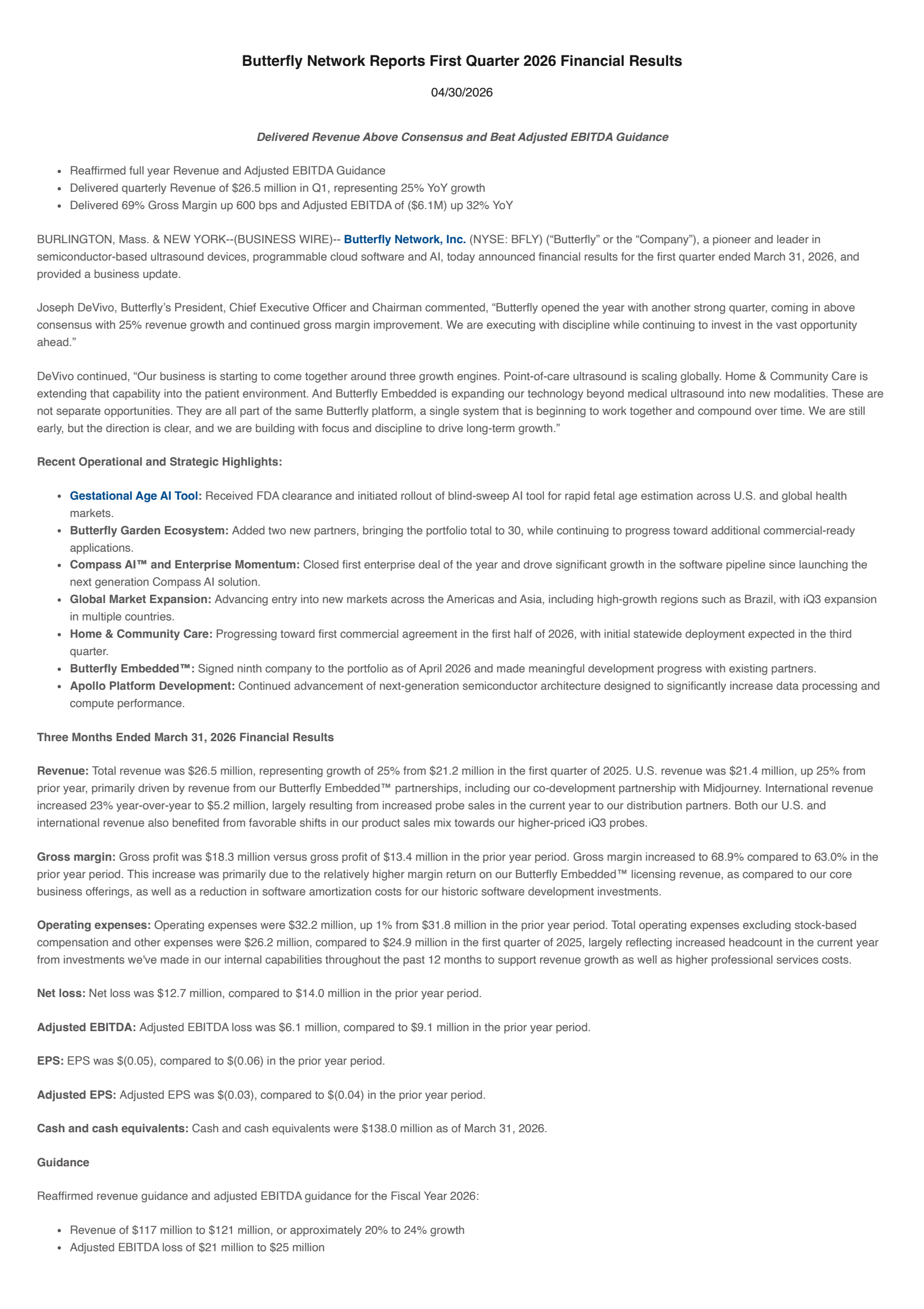 Butterfly Network's Q1 2026 Press Release