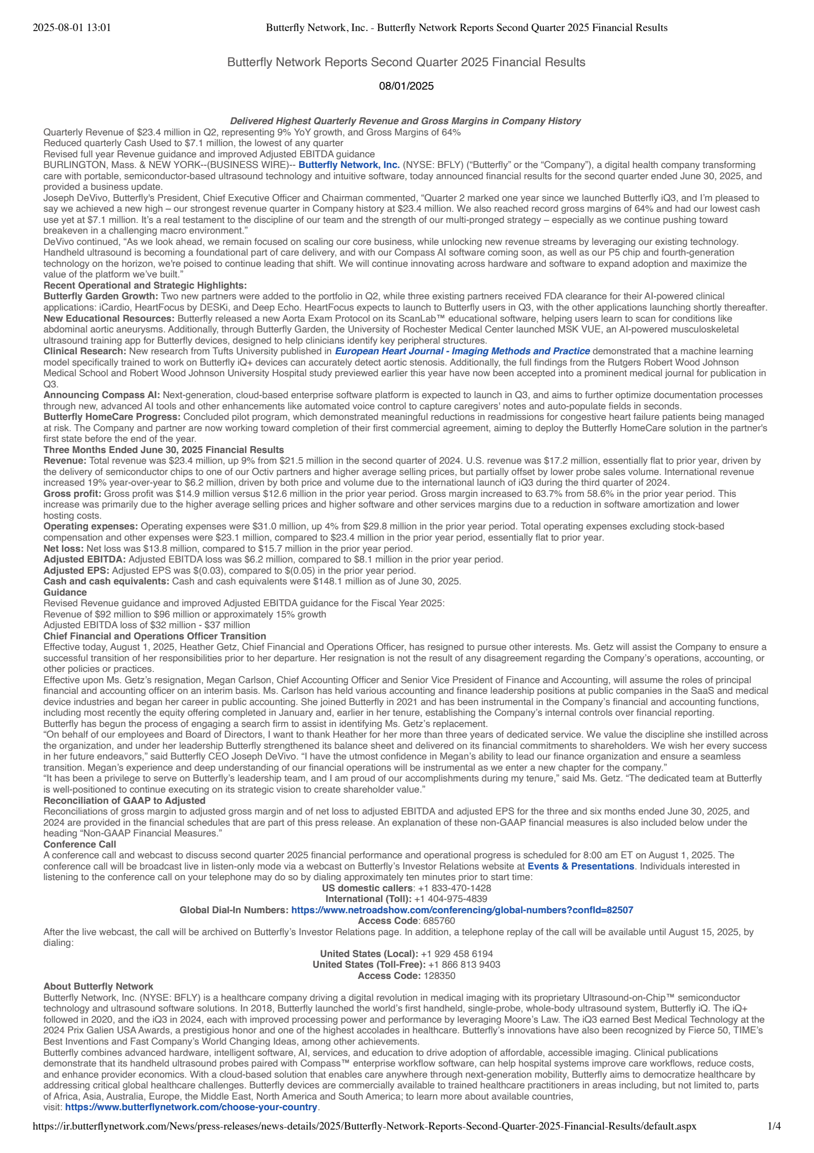 Butterfly Network's Q2 2025 Press Release
