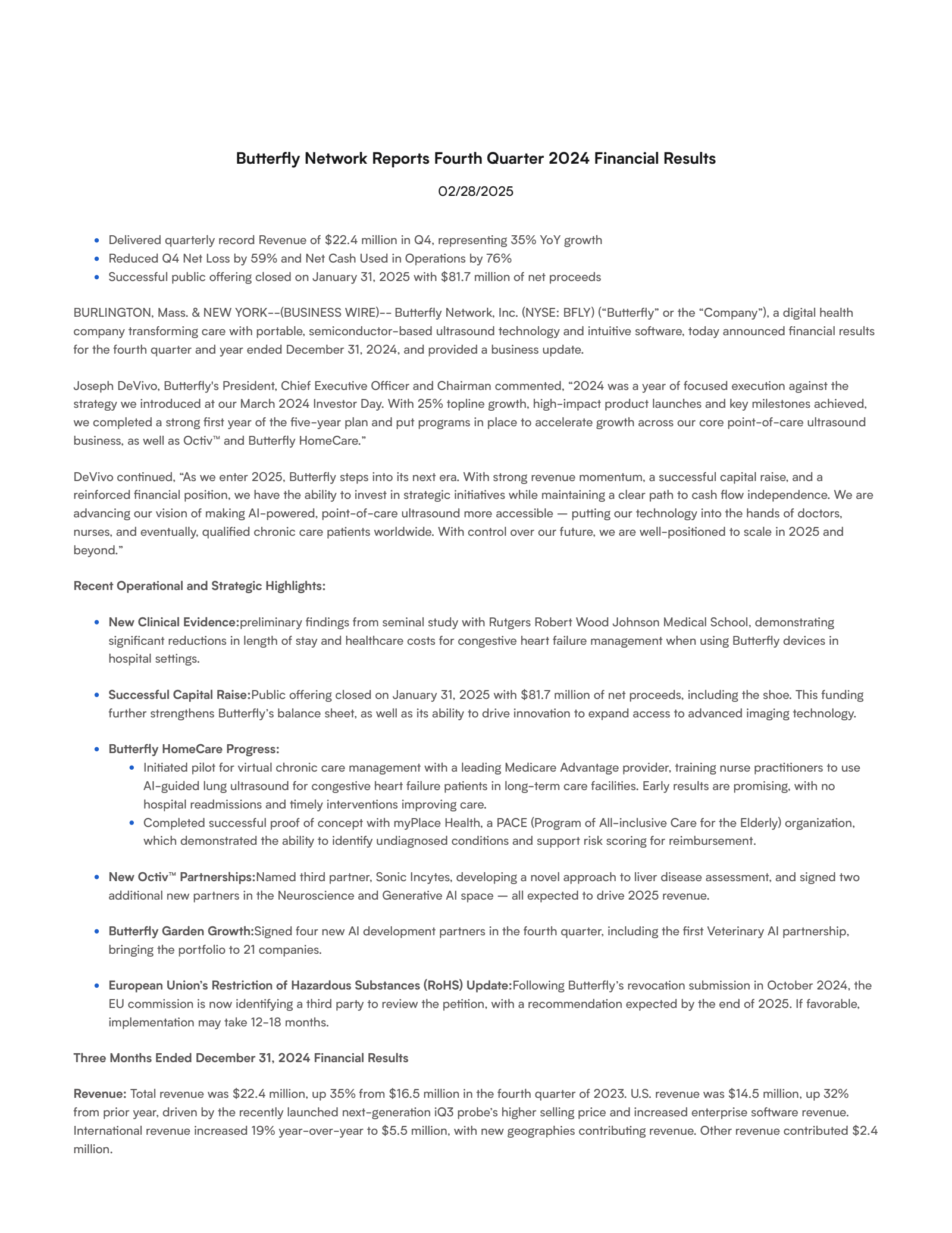 Butterfly Network's Q4 2024 Press Release