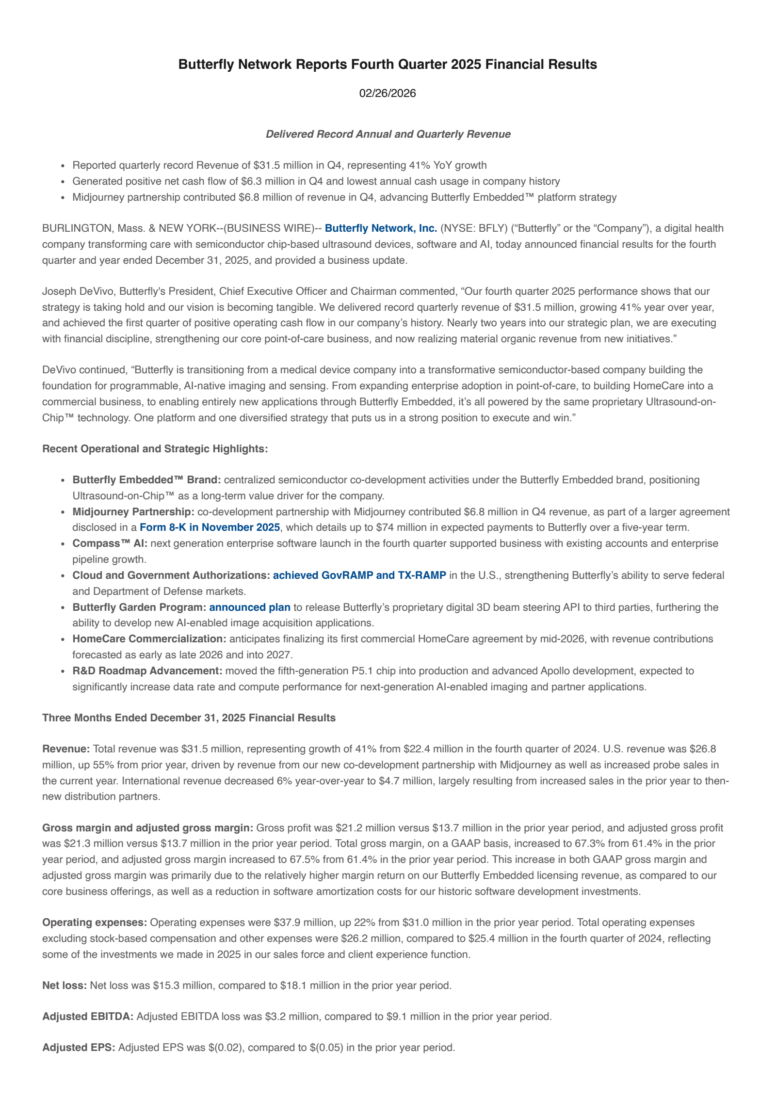 Butterfly Network's Q4 2025 Press Release