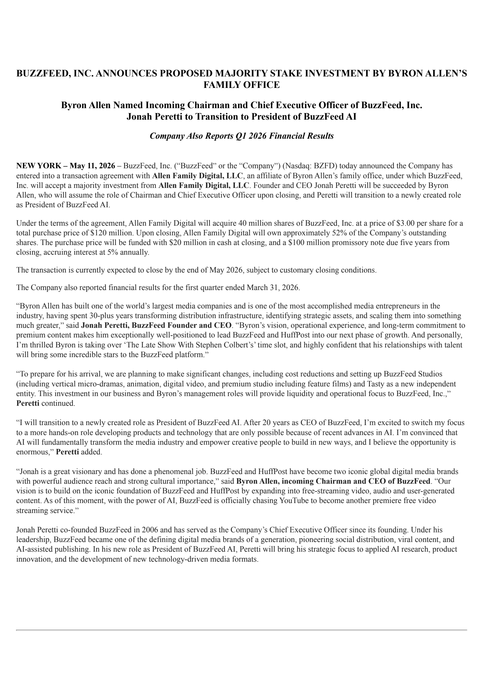 BuzzFeed's Q1 2026 Press Release