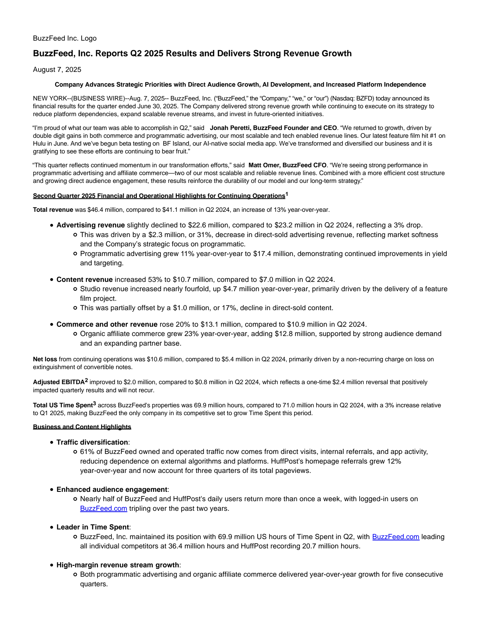 BuzzFeed's Q2 2025 Press Release