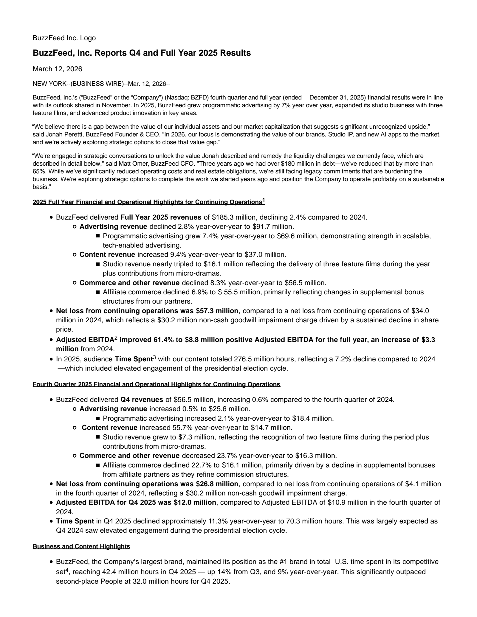 BuzzFeed's Q4 2025 Press Release